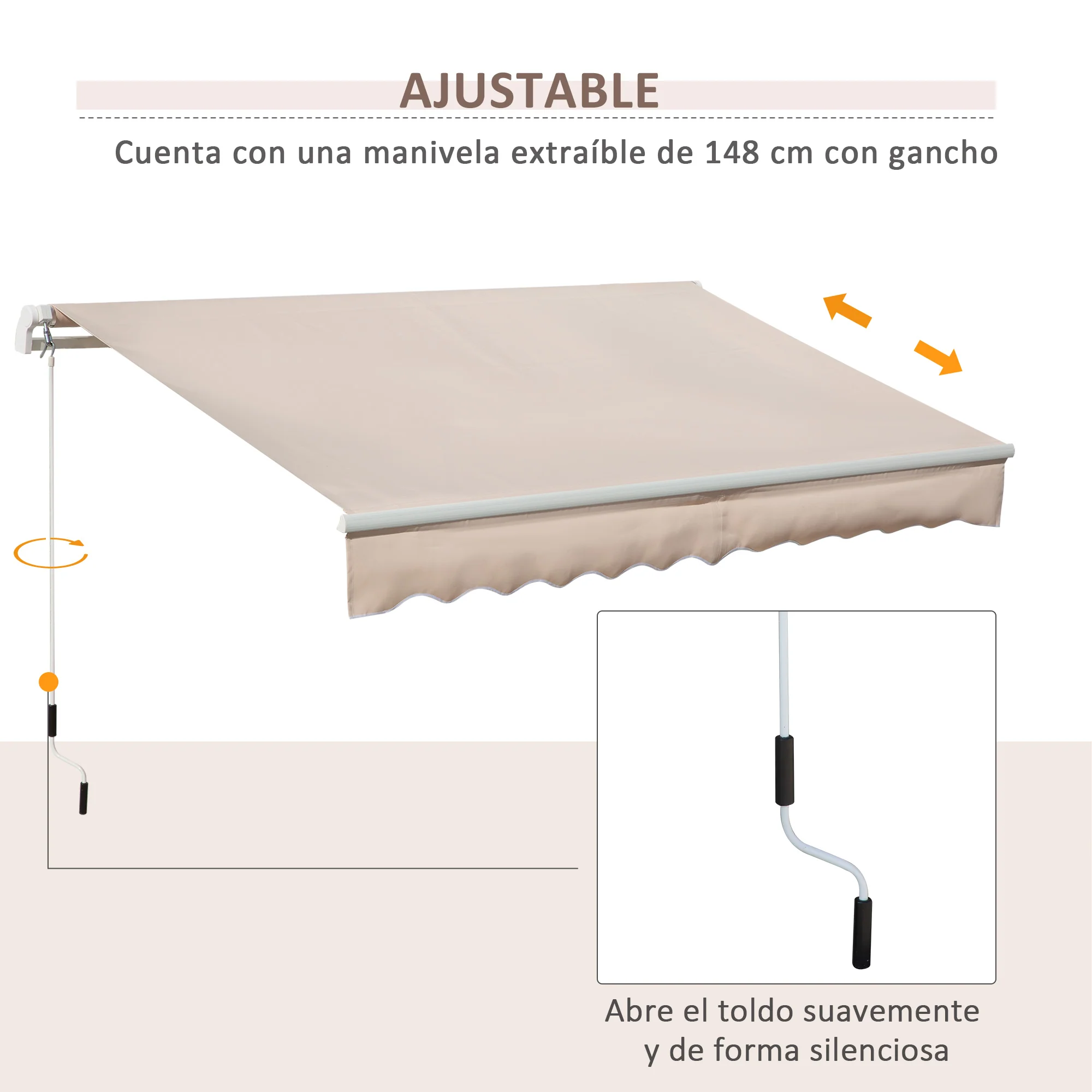 Outsunny Toldo Manual Retráctil 295x200 Cm Con Manivela De Metal Beige - Image 6