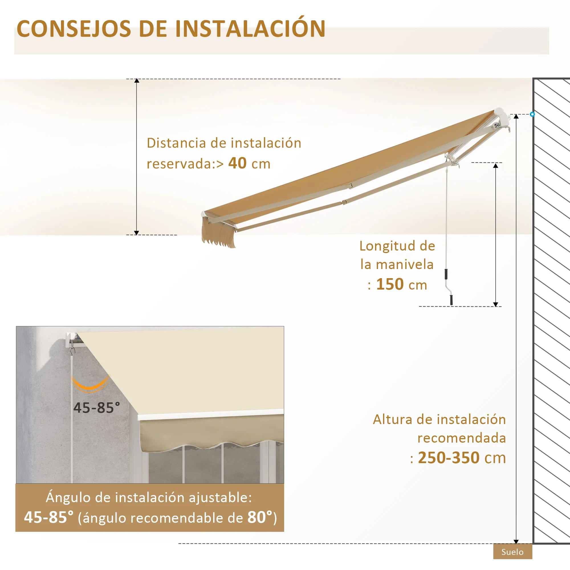 Outsunny Toldo Manual Retráctil Plegable Con Manivela Exterior 295x245 Cm Beige - Image 5
