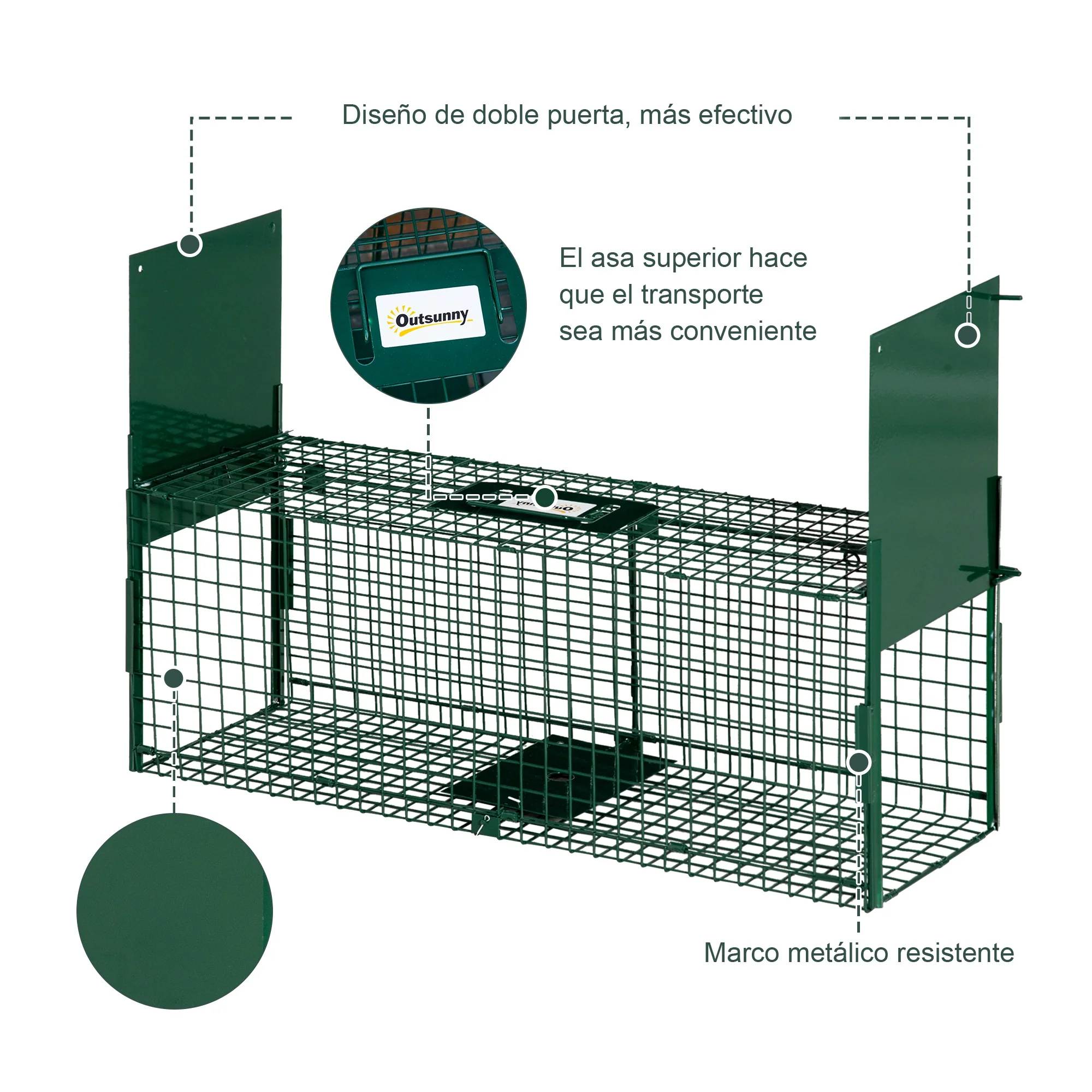 Outsunny Trampa Para Animales Vivos Con 2 Puertas Asa Para Conejos 80x25x30 Cm - Image 6