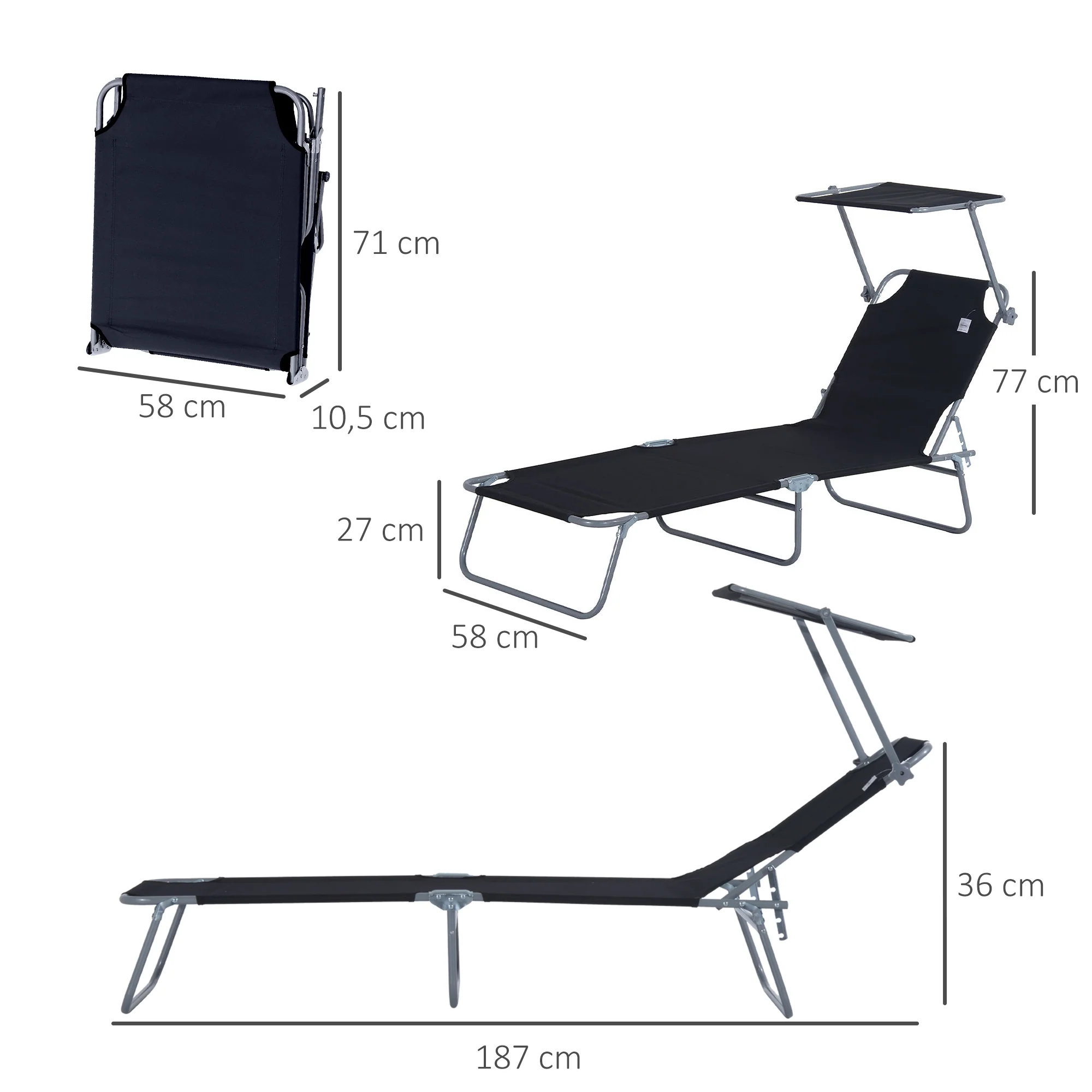 Outsunny Tumbona De Jardín Plegable Con Toldo Desmontable 187x58x36 Cm Negro - Image 3