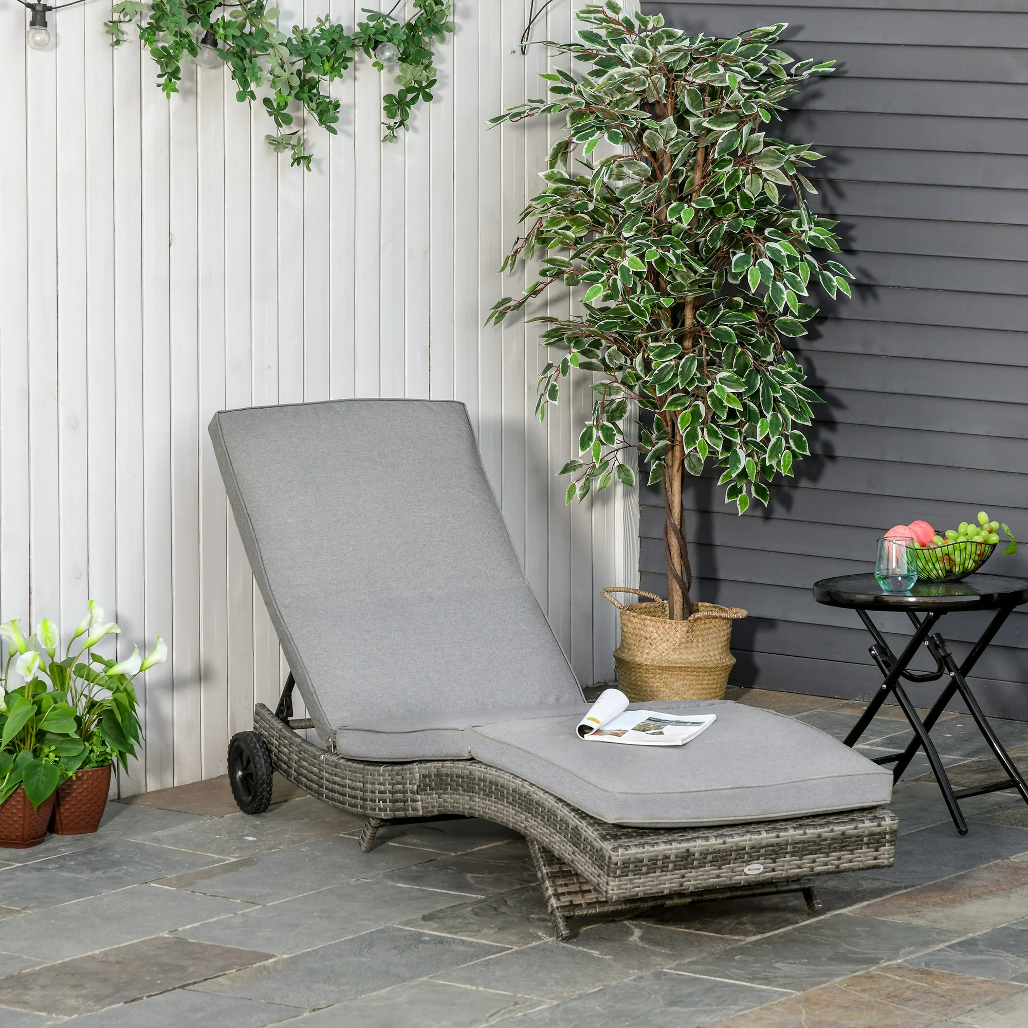 Outsunny Tumbona De Ratán Reclinable En Forma De S Con 2 Ruedas 207x70x70cm Gris - Image 2