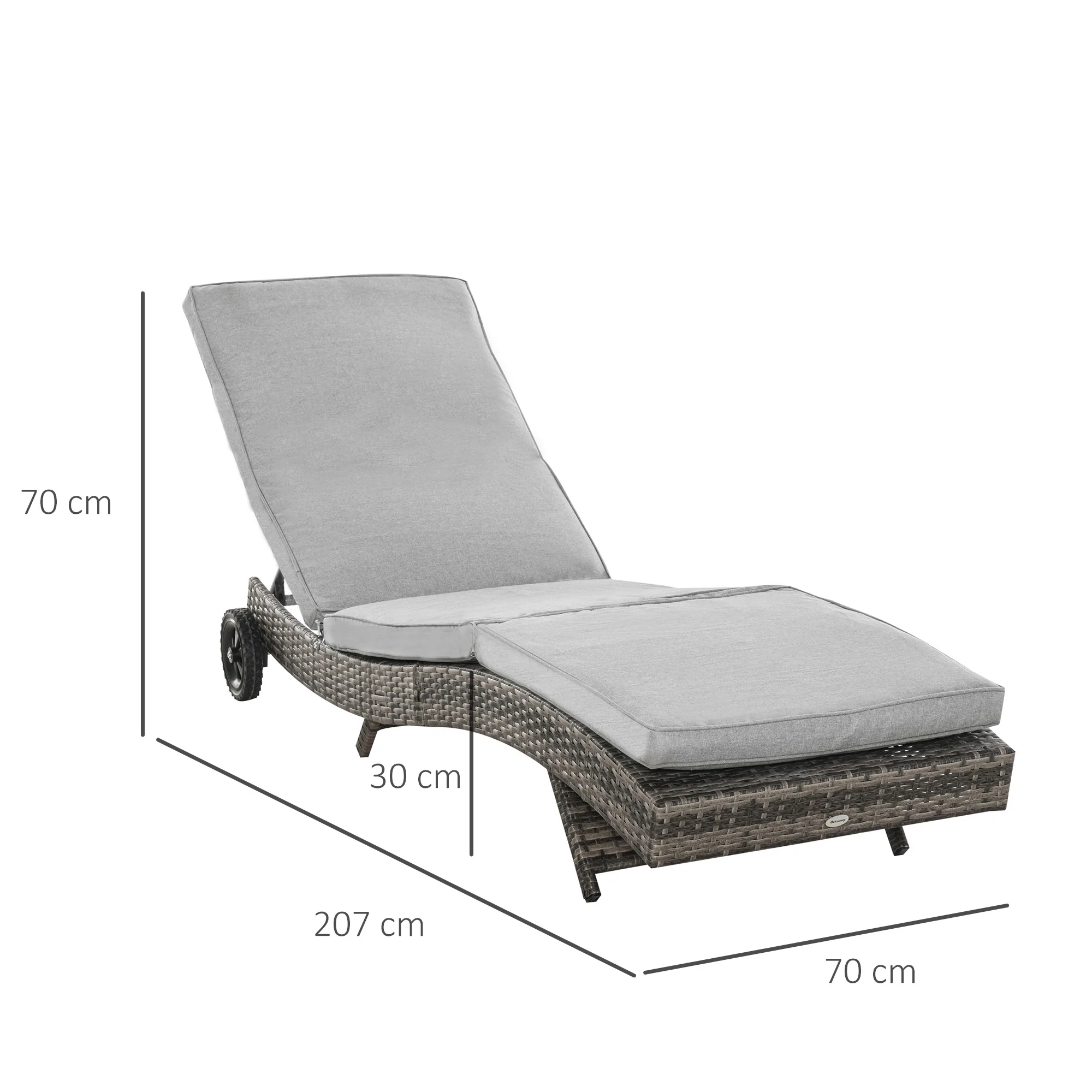 Outsunny Tumbona De Ratán Reclinable En Forma De S Con 2 Ruedas 207x70x70cm Gris - Image 3