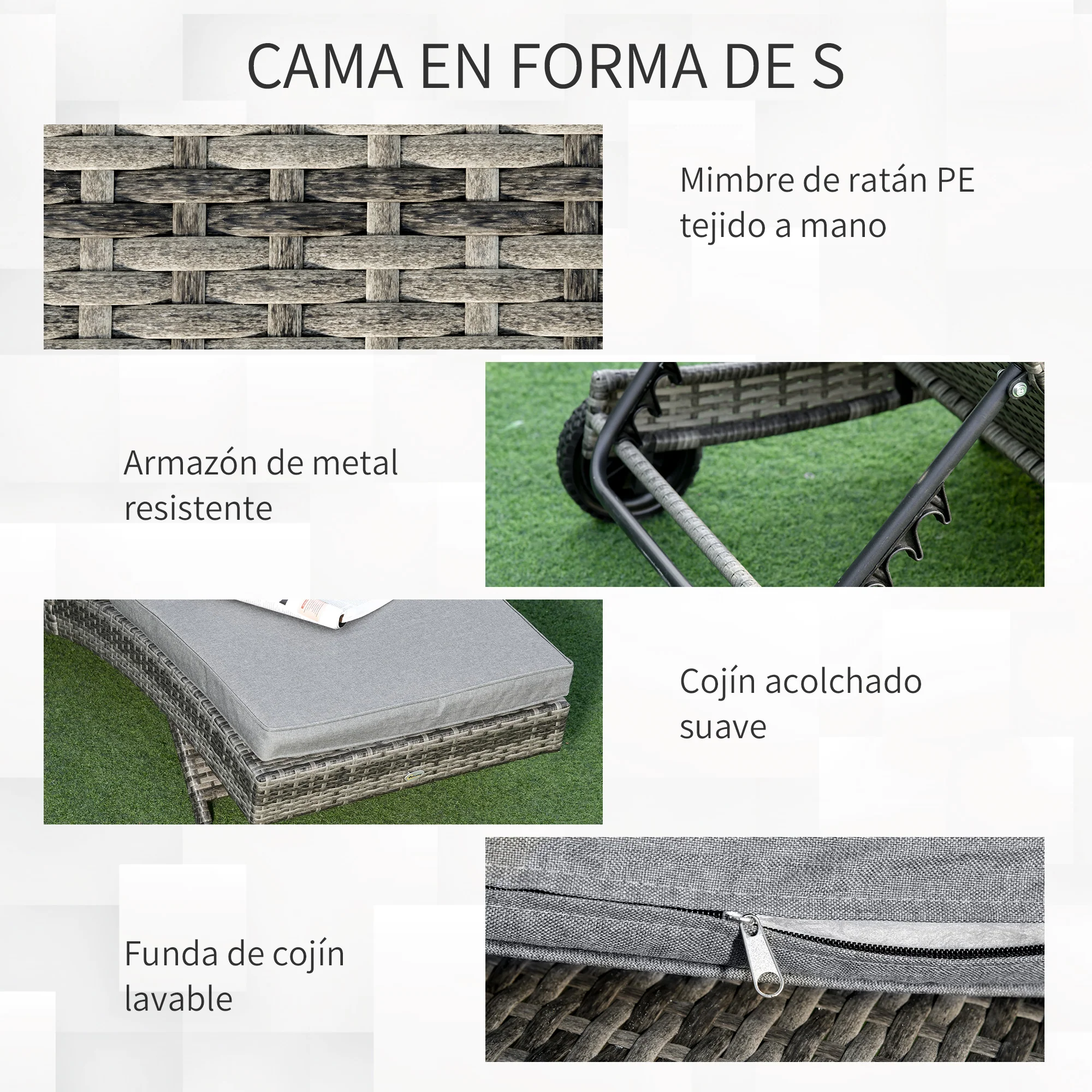 Outsunny Tumbona De Ratán Reclinable En Forma De S Con 2 Ruedas 207x70x70cm Gris - Image 6