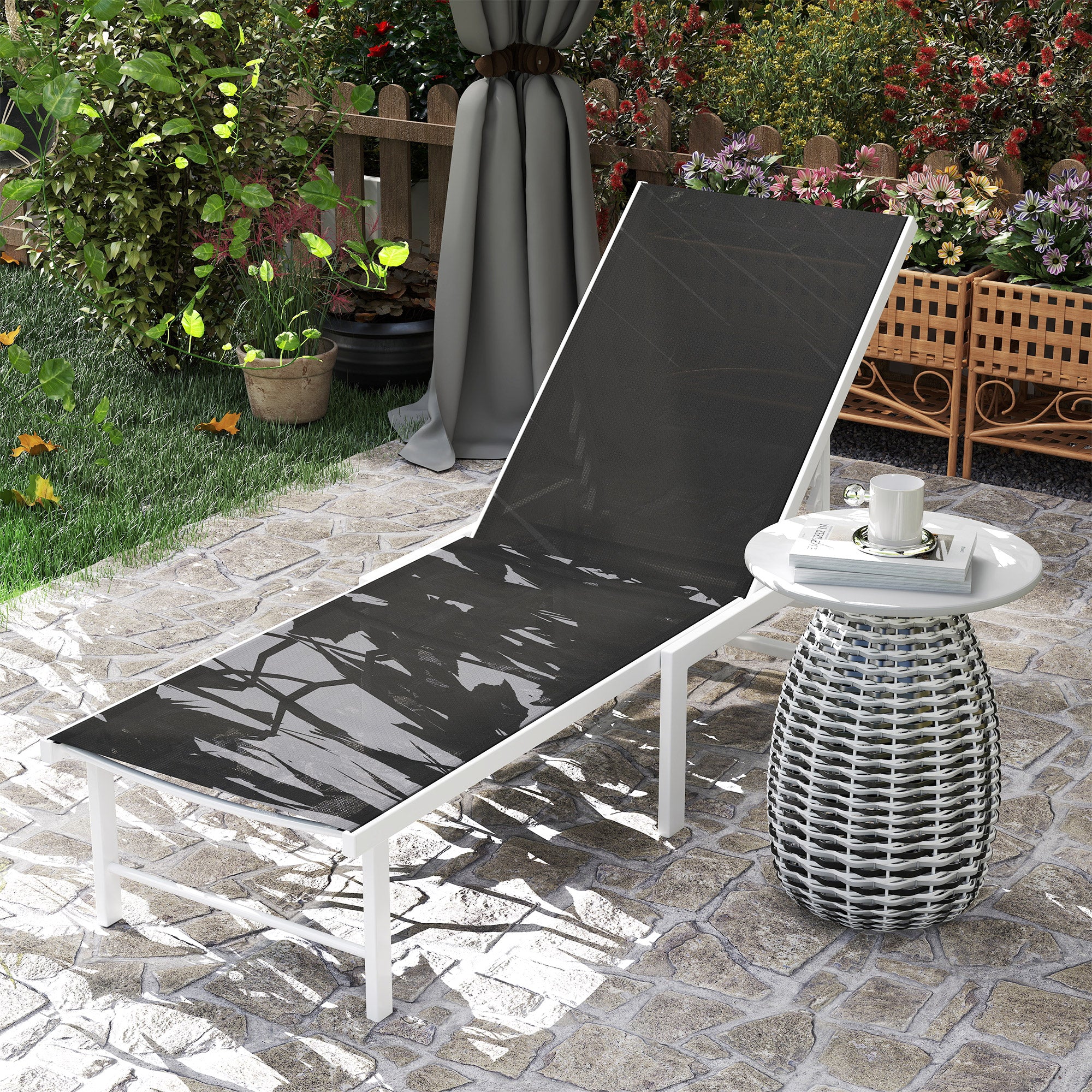 Outsunny Tumbona Jardín Exterior Con Ruedas Respaldo Ajustable 166x60x84 Cm Gris - Image 5