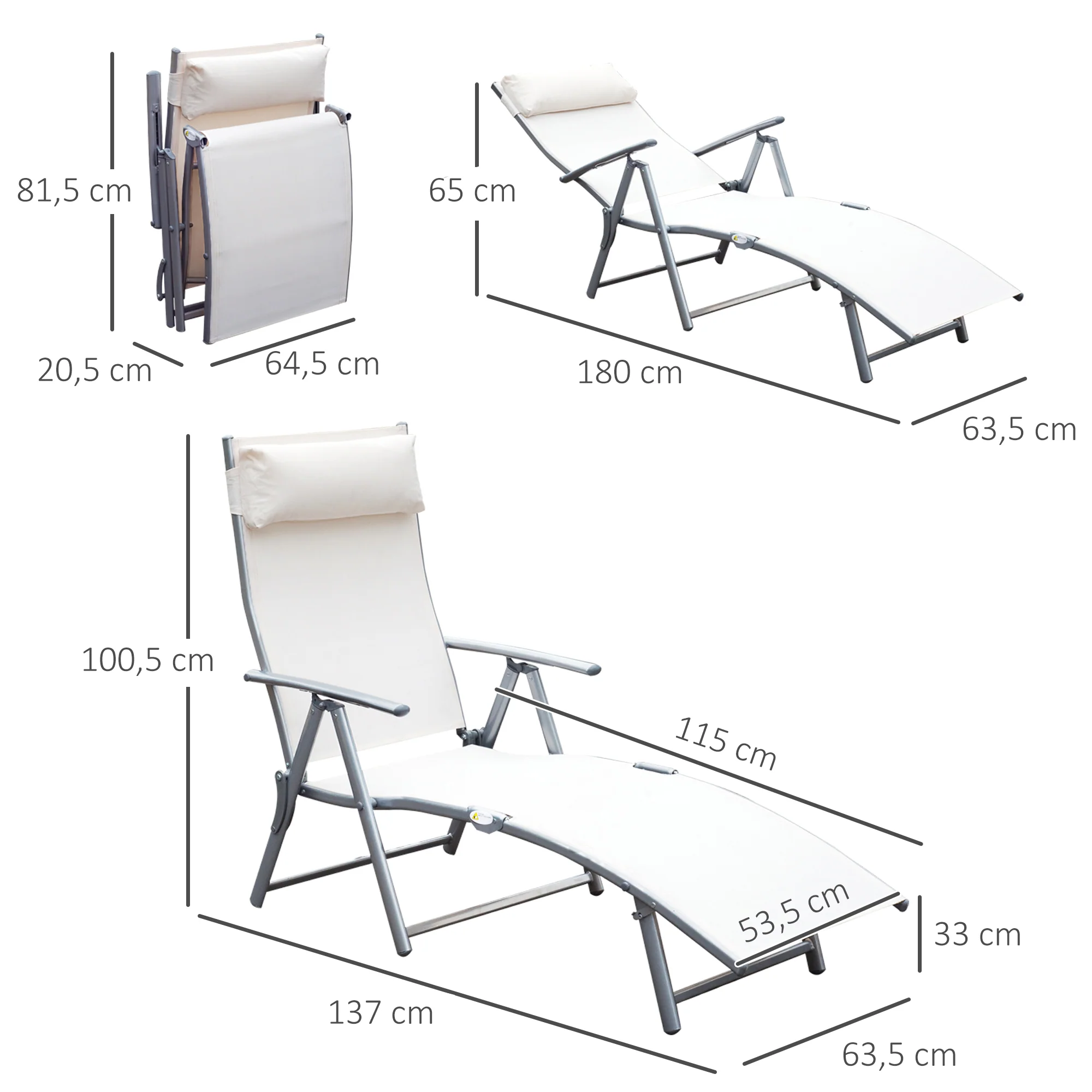 Outsunny Tumbona Plegable Con Respaldo Ajustable 137x63,5x100,5 Cm Beige - Image 3