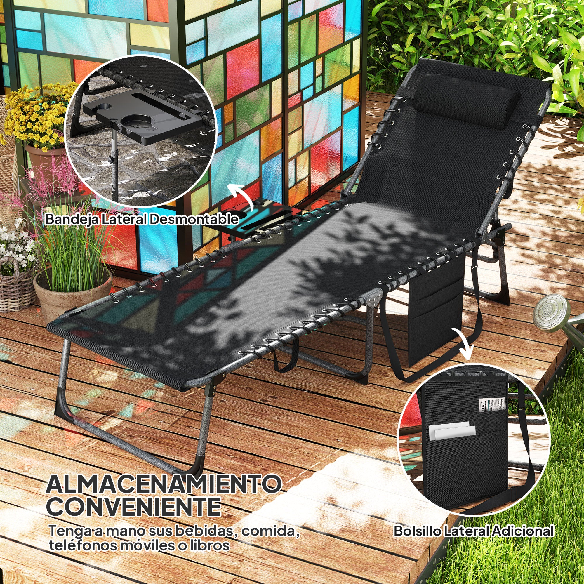 Outsunny Tumbona Plegable Con Respaldo Ajustable Mesa Y Bolsillo 190x60x31 Cm - Image 6