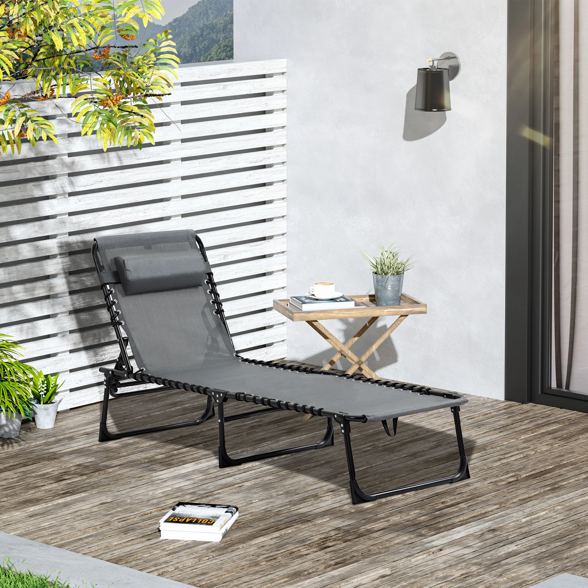 Outsunny Tumbona Plegable Con Respaldo Ajustable Reposacabezas 189x58x30 Cm Gris - Image 2