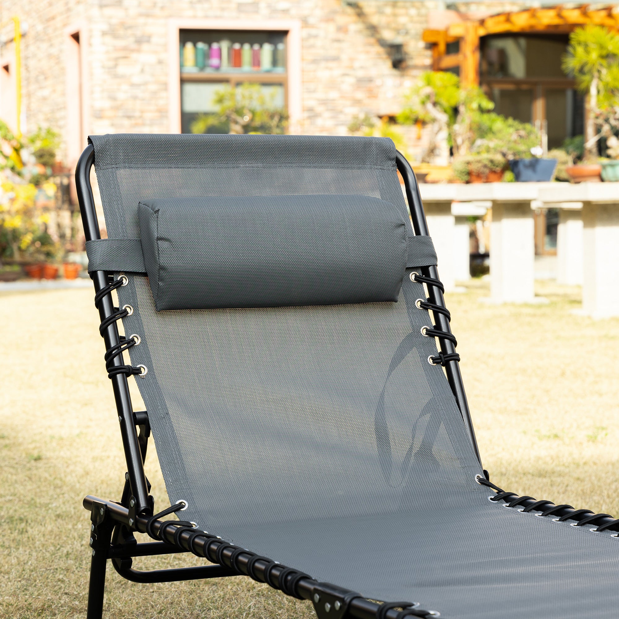 Outsunny Tumbona Plegable Con Respaldo Ajustable Reposacabezas 189x58x30 Cm Gris - Image 4