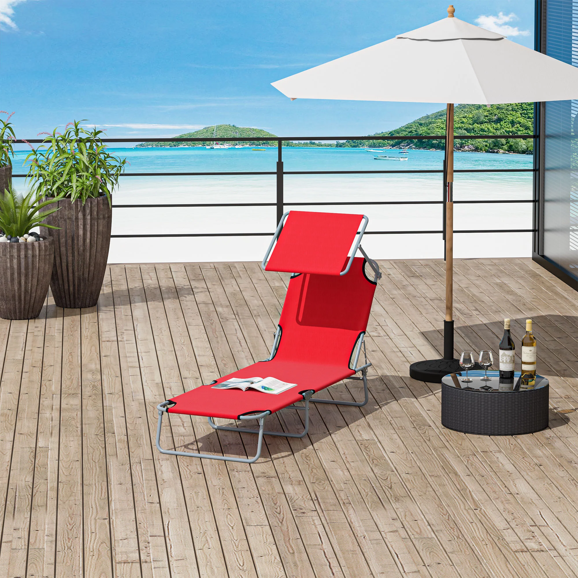 Outsunny Tumbona Plegable Con Toldo Desmontable Respaldo Ajustable Rojo - Image 2