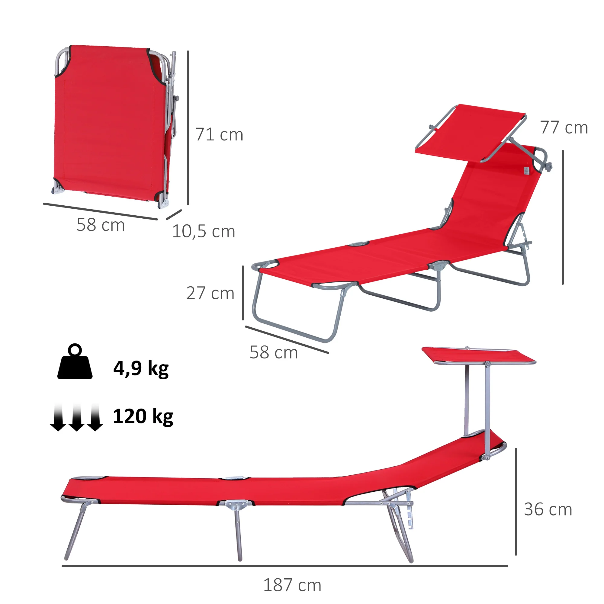 Outsunny Tumbona Plegable Con Toldo Desmontable Respaldo Ajustable Rojo - Image 3