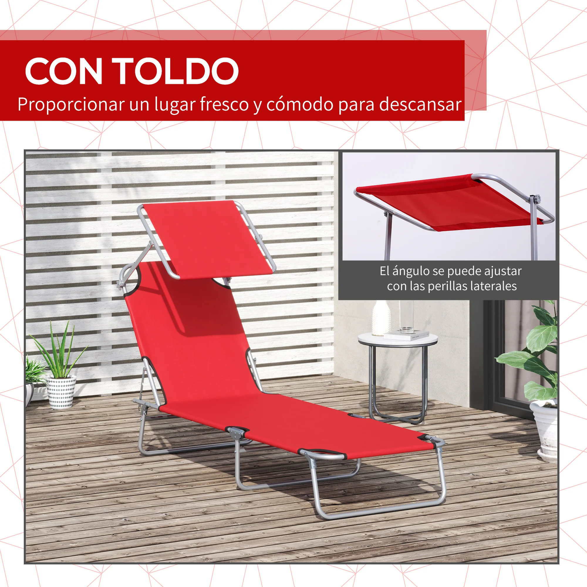 Outsunny Tumbona Plegable Con Toldo Desmontable Respaldo Ajustable Rojo - Image 6