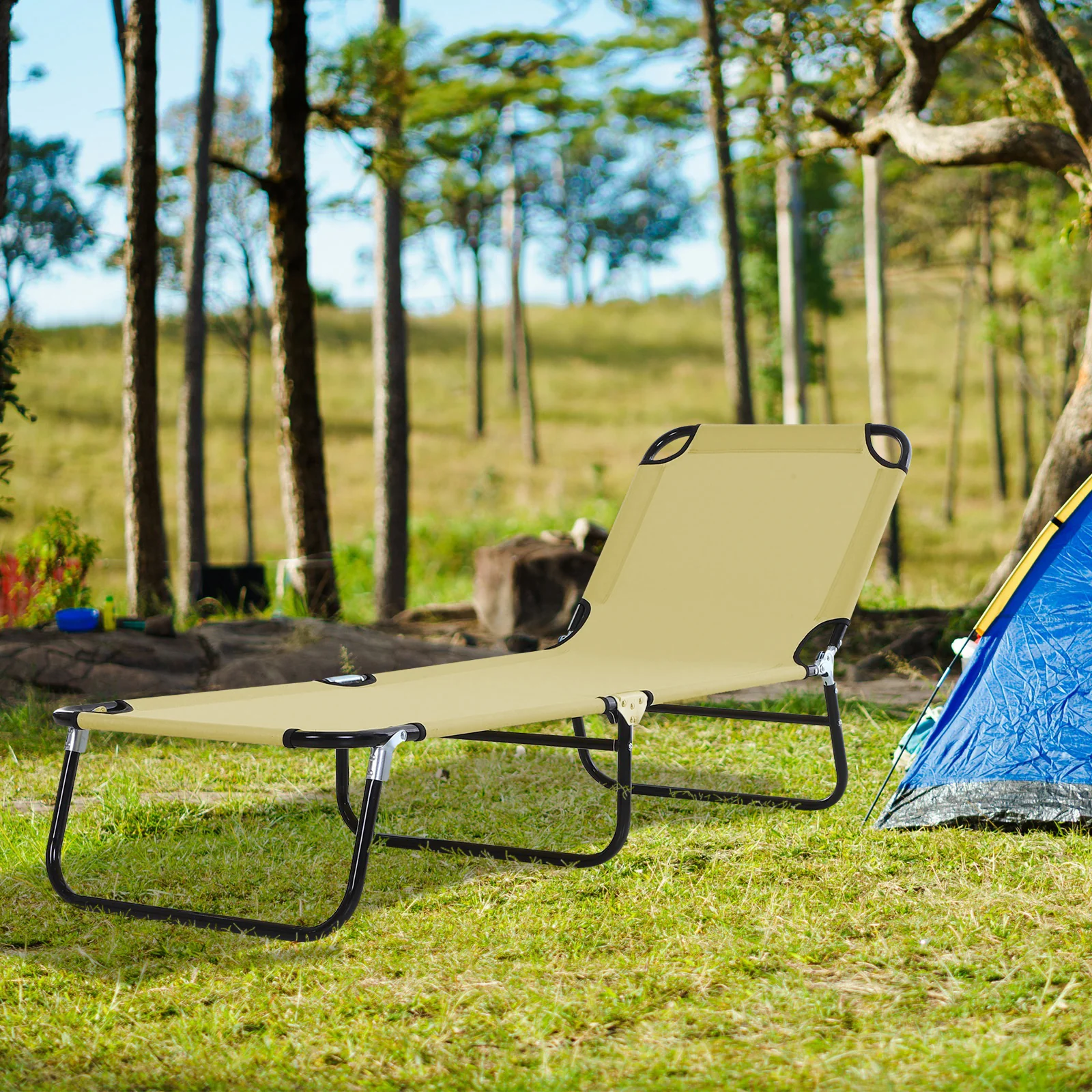 Outsunny Tumbona Plegable Reclinable Ajustable De 5 Posiciones 188x56x28cm Beige - Image 2