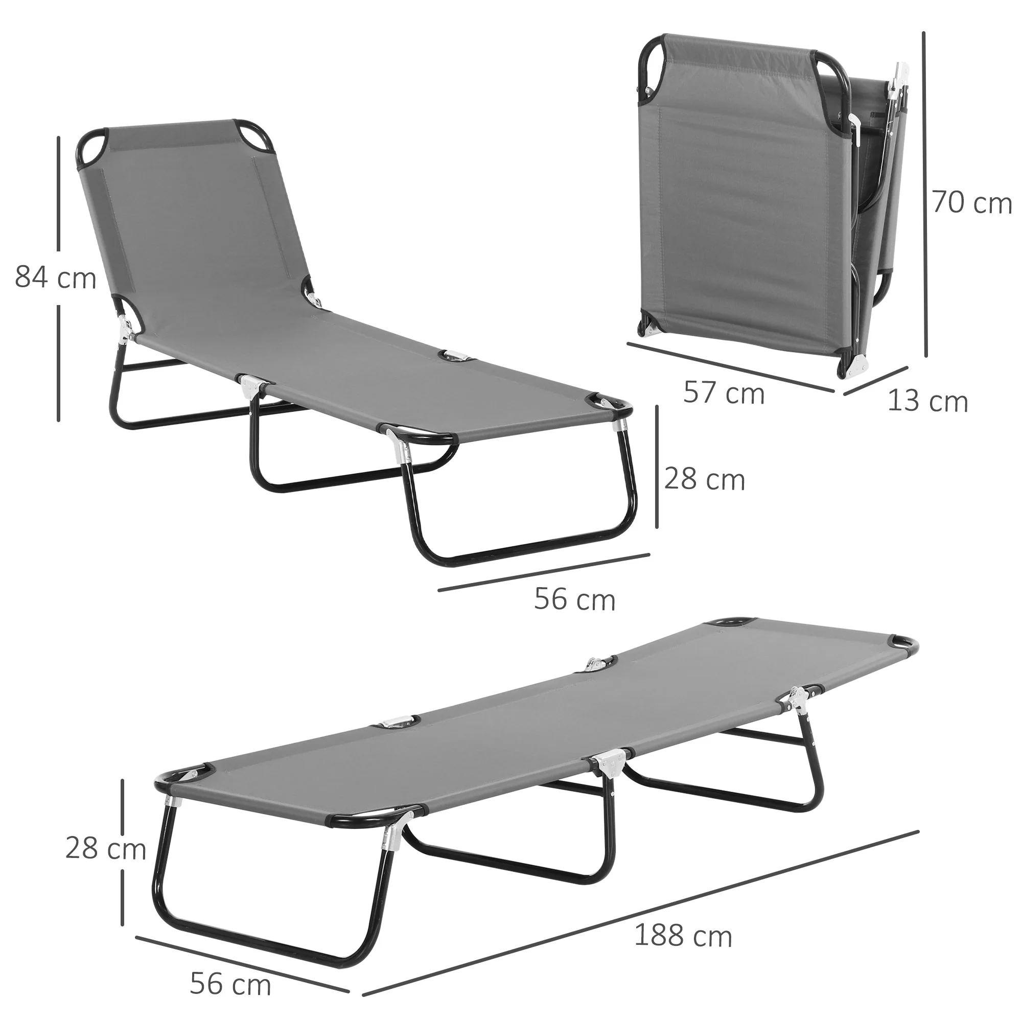 Outsunny Tumbona Plegable Reclinable Ajustable De 5 Posiciones 188x56x28cm Gris - Image 3