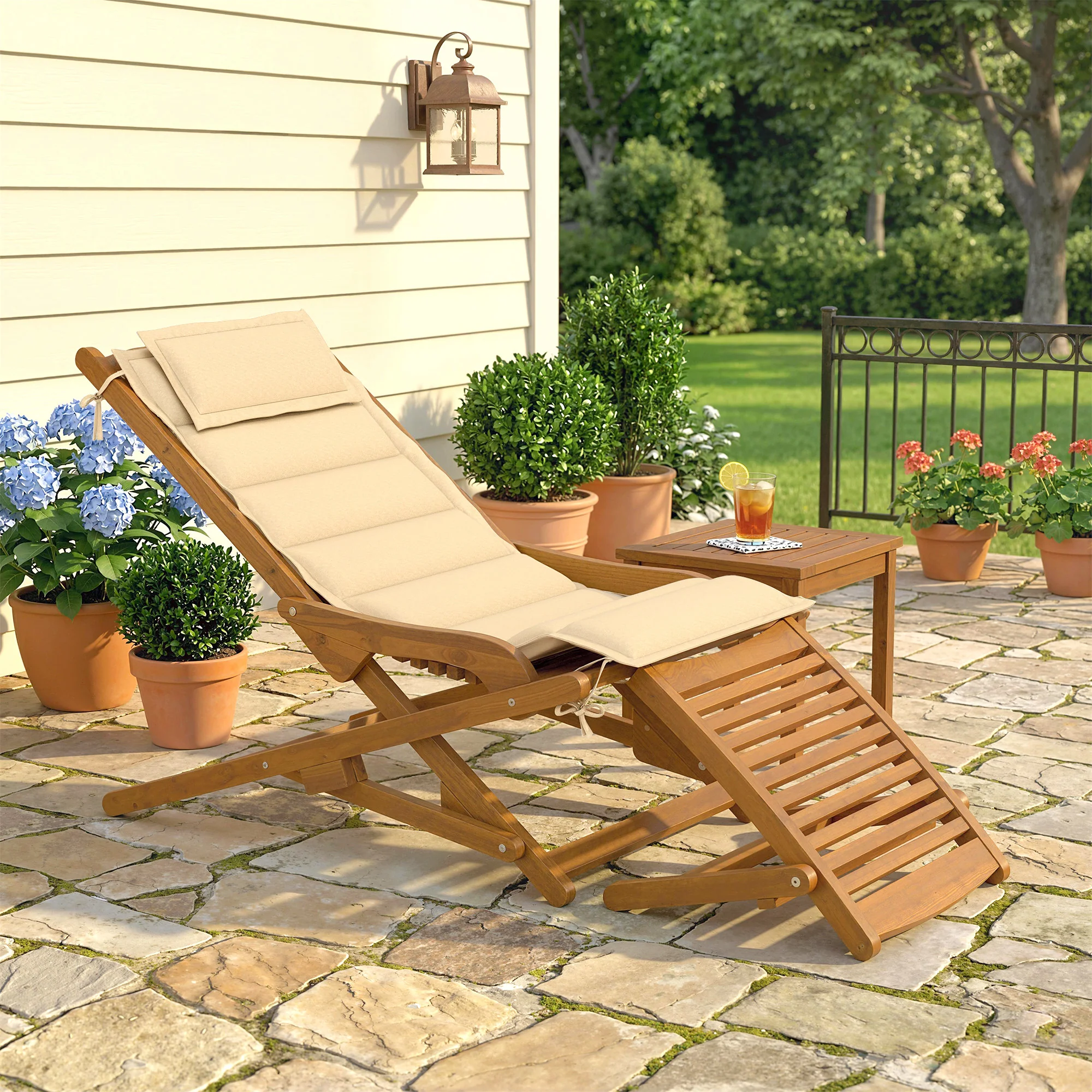 Outsunny Tumbona Silla Plegable De Madera Con Reposapiés Desmontable Y Cojín - Image 2
