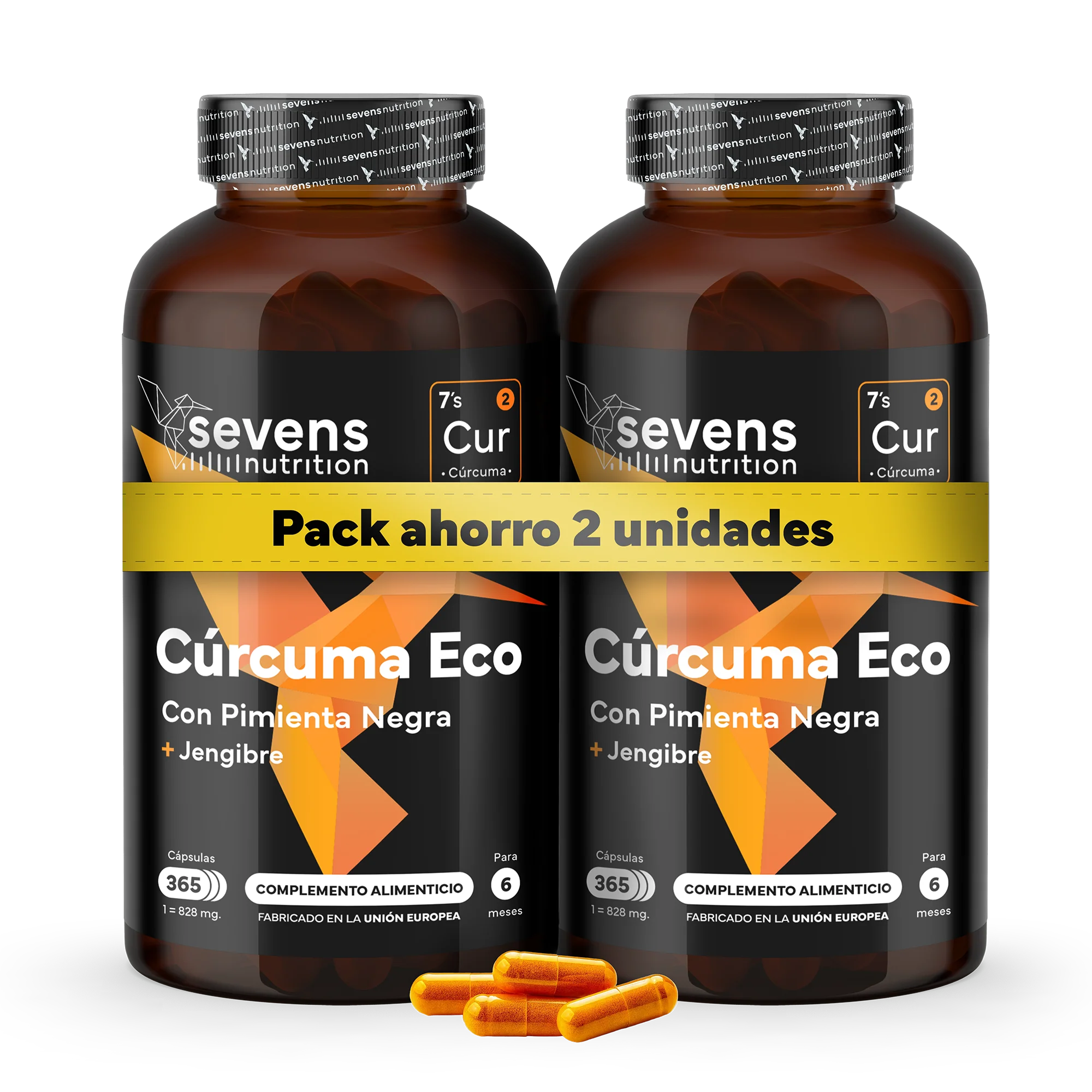 Pack 2x Cúrcuma + Jengibre Y Pimienta Negra Sevens Nutrition. Antiinflamatorio Y Salud Articular.
