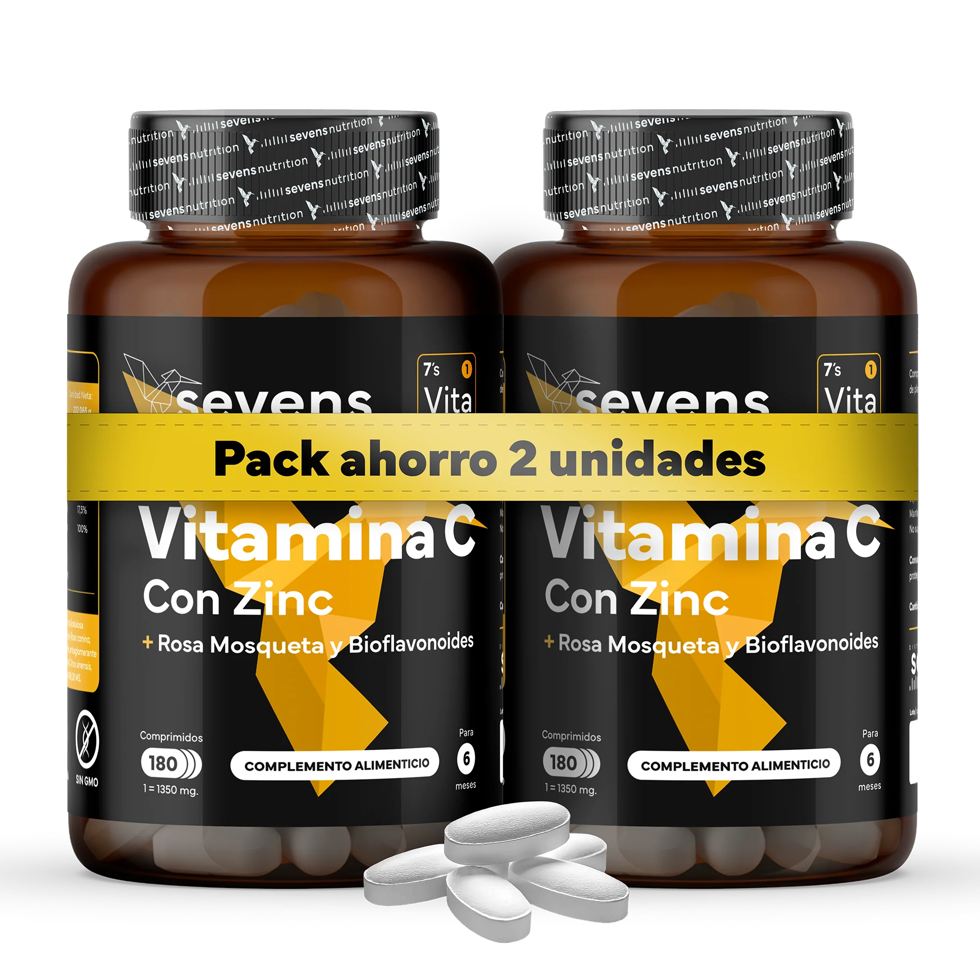 Pack 2x Vitamina C Con Zinc, Bioflavonoides Y Rosa Mosqueta De Sevens Nutrition. Refuerzo Del Sistema Inmunológico