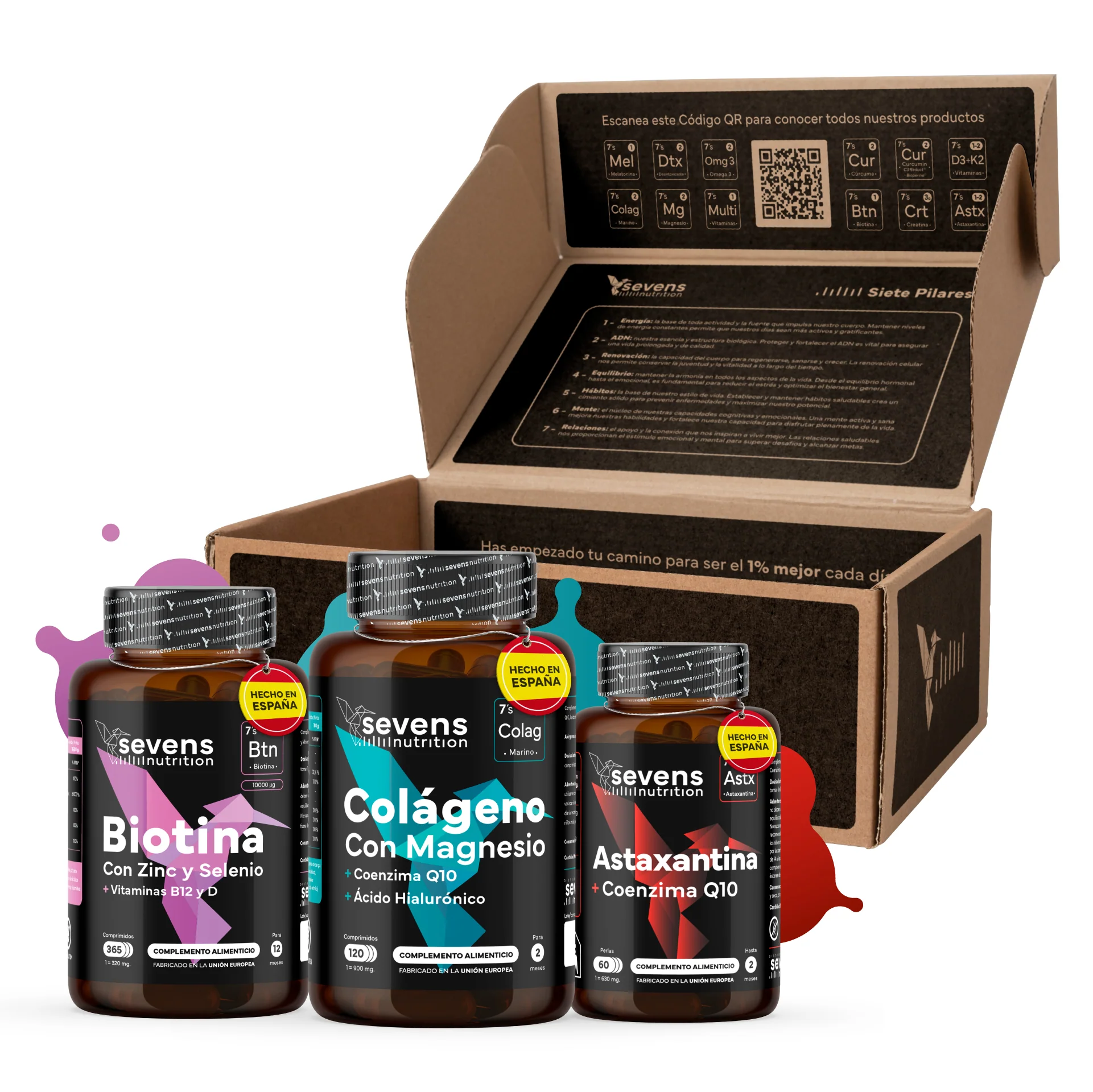 Pack Glow Para Regalo: Astaxantina, Biotina Y Colágeno Marino Puro. Sevens Nutrition. Antioxidante, Pelo, Uñas Y Piel