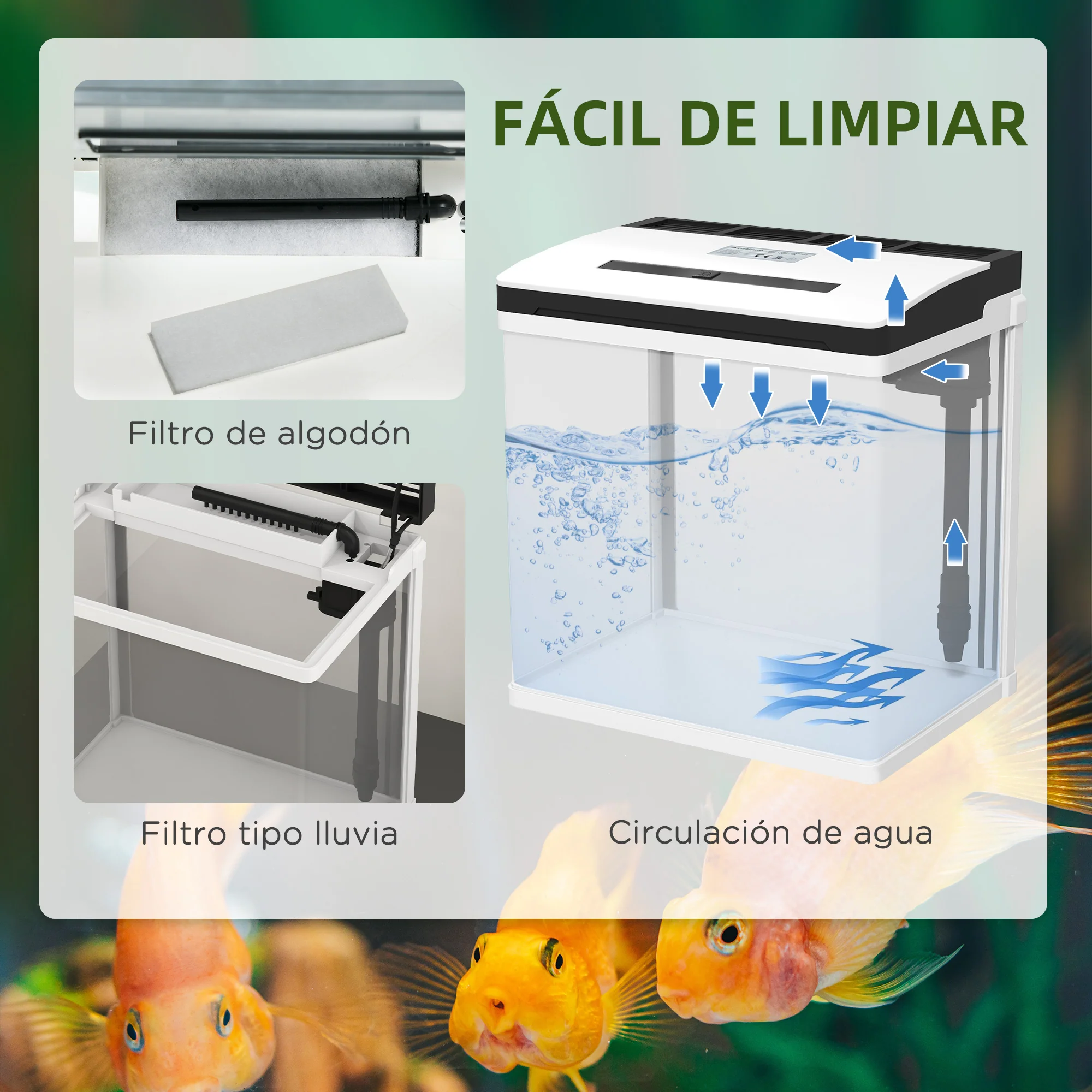 Pawhut Acuario De Cristal 13l Con Sistema De Filtro Luz Led 29x20x30,5 Cm Blanco - Image 6