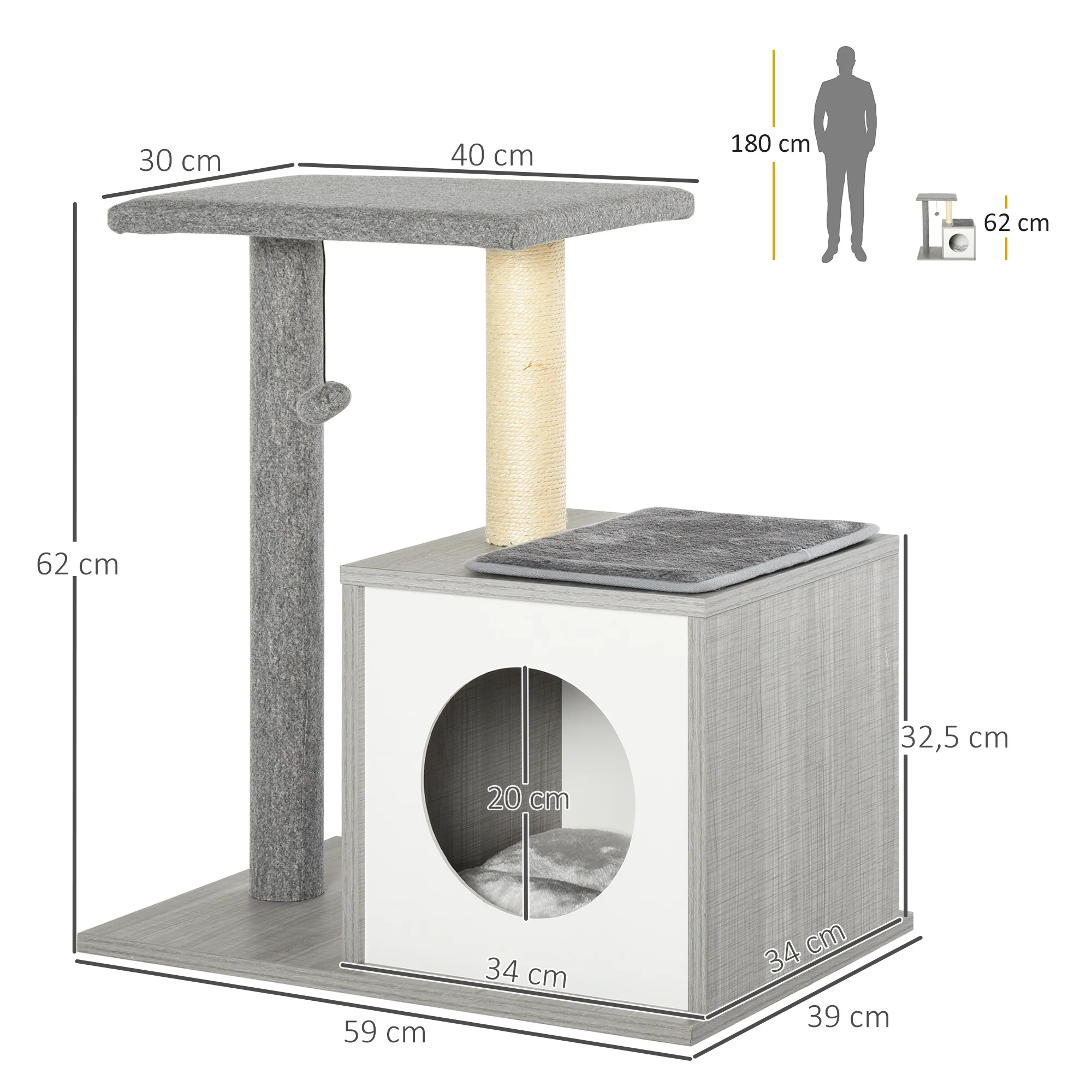 Pawhut Árbol Para Gatos 59x39x62 Cm De 3 Niveles Con Plataformas Postes Cueva - Image 3