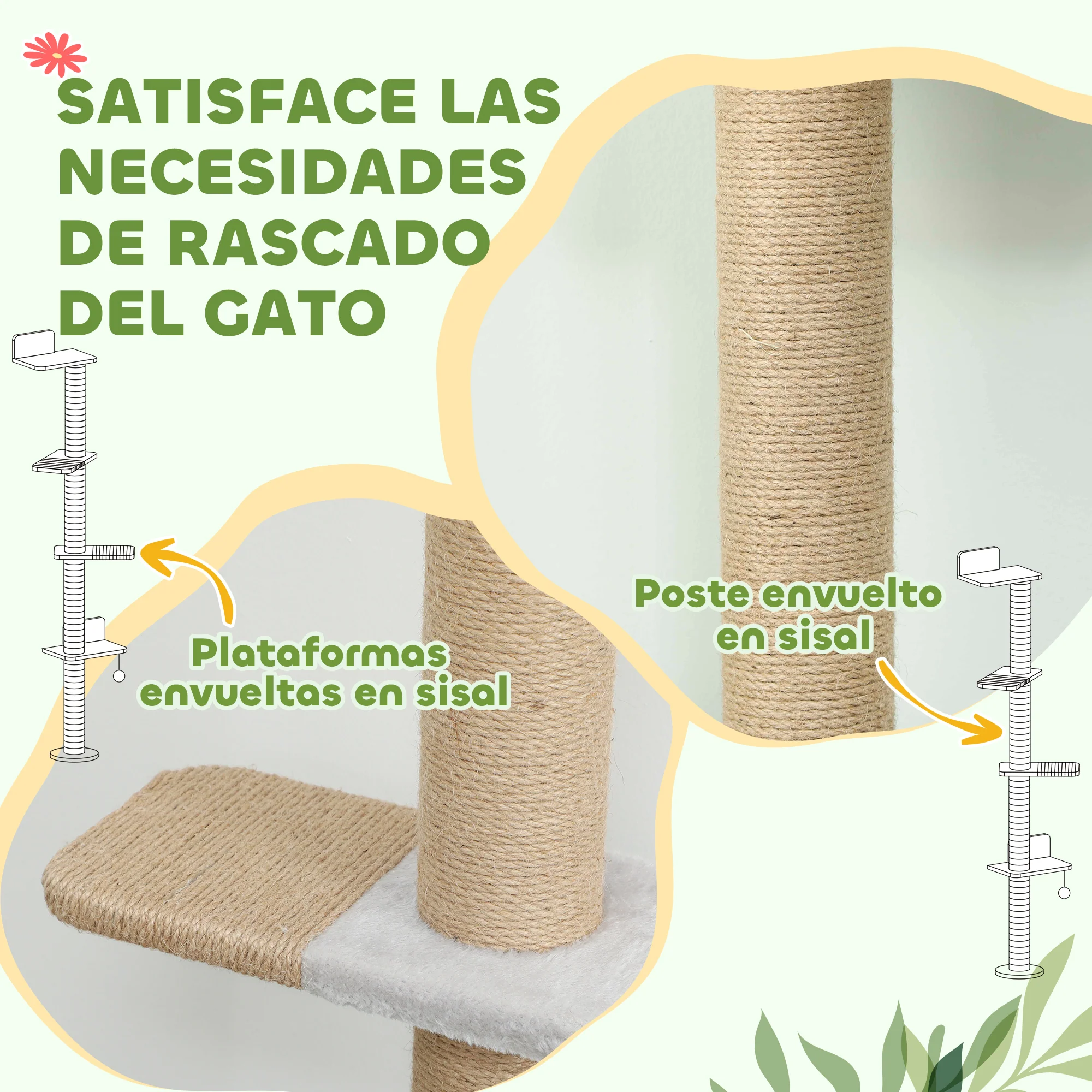 Pawhut Árbol Para Gatos De Pared De 5 Niveles 48x21x180 Cm Gris Claro - Image 6