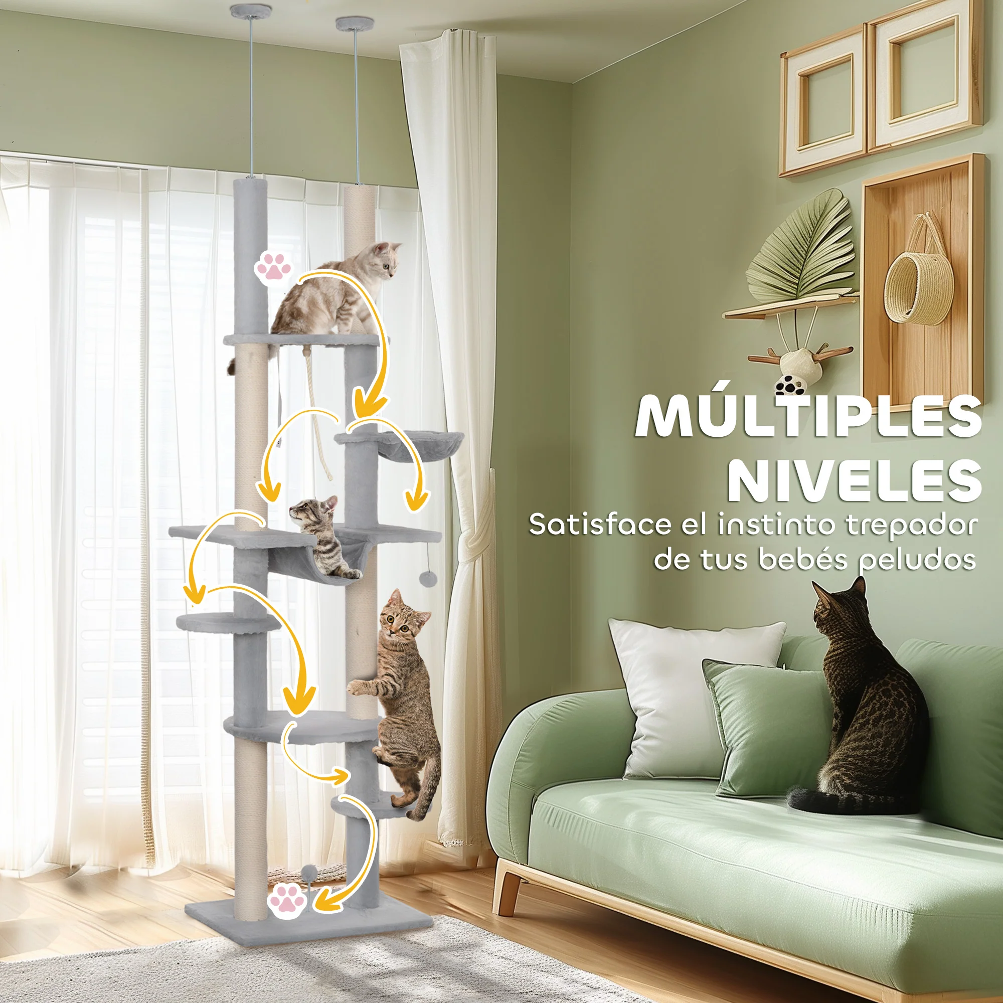 Pawhut Árbol Para Gatos De Suelo A Techo Con Altura Ajustable 225-255 Cm Gris - Image 6