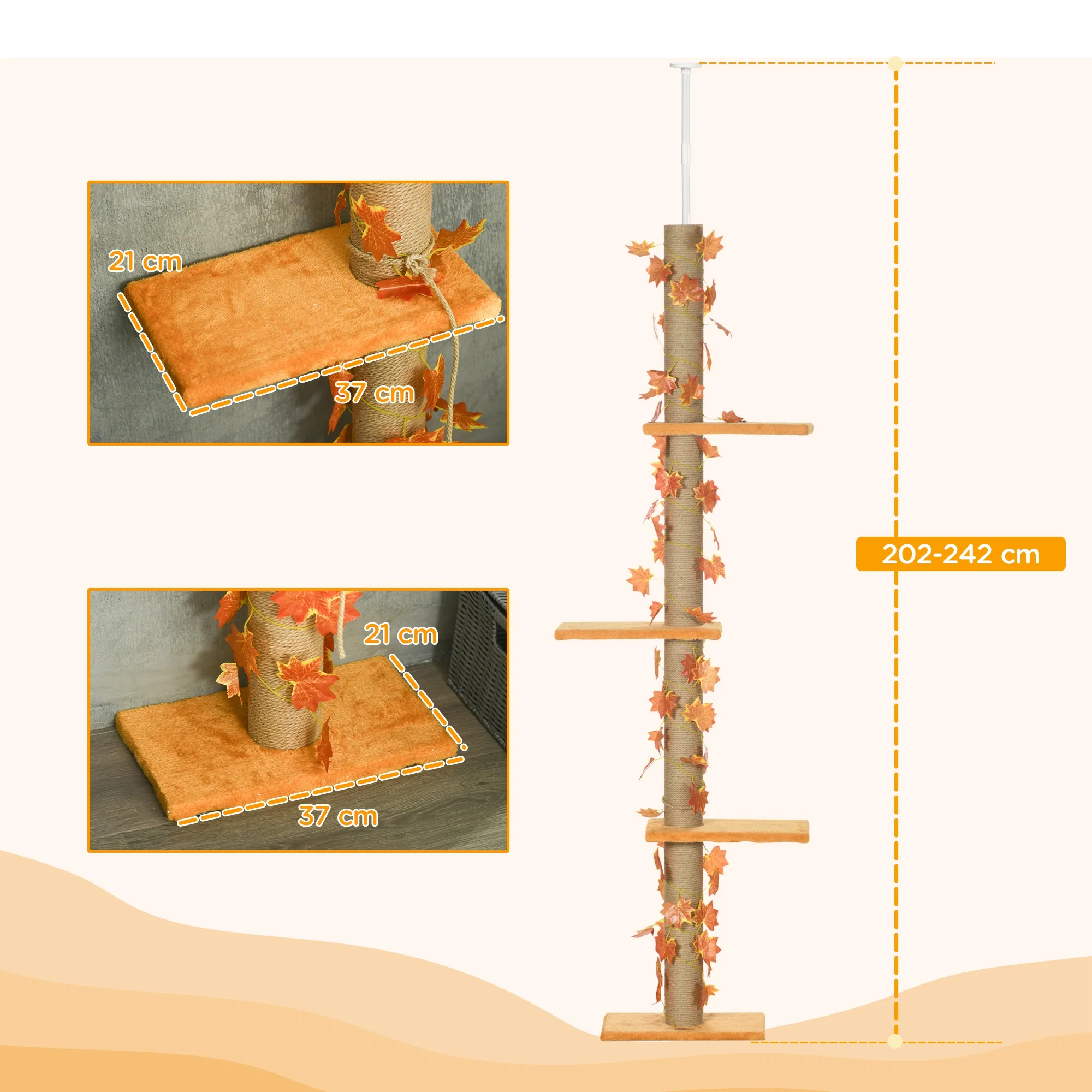 Pawhut Árbol Para Gatos De Suelo A Techo De 202-242 Cm Con 3 Plataformas Naranja - Image 3