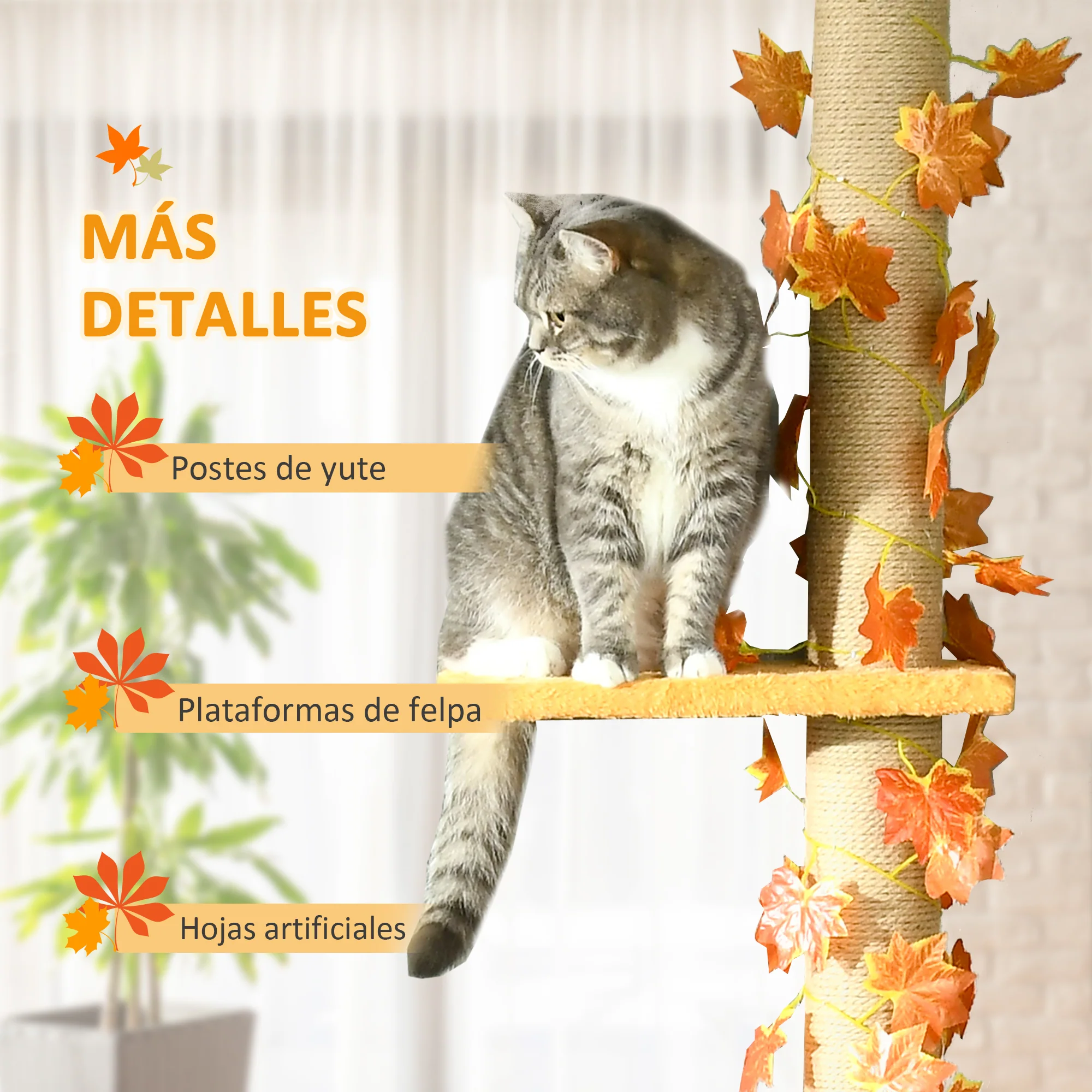 Pawhut Árbol Para Gatos De Suelo A Techo De 202-242 Cm Con 3 Plataformas Naranja - Image 6