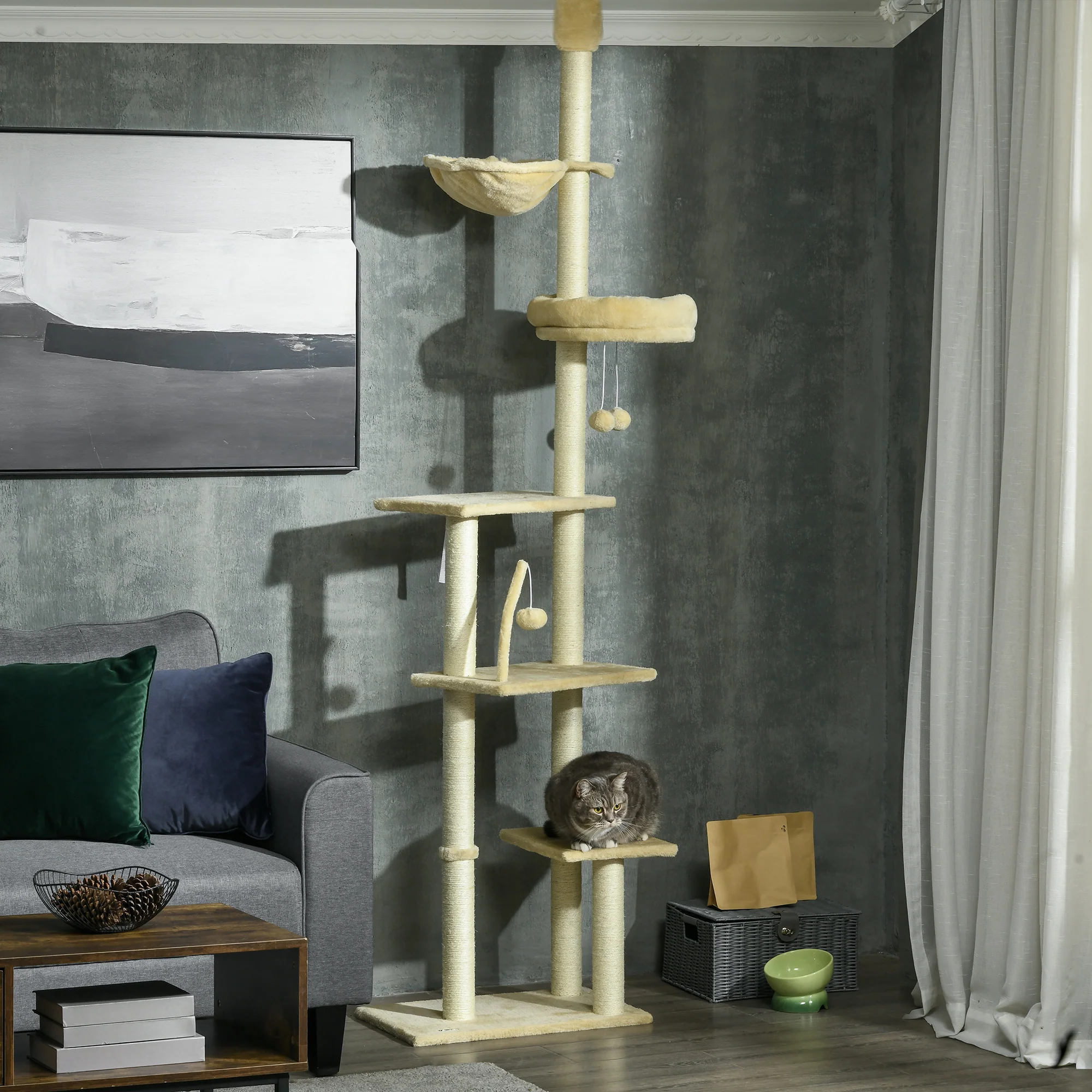 Pawhut Árbol Para Gatos De Suelo A Techo De 230-250cm Con Altura Ajustable Beige - Image 2