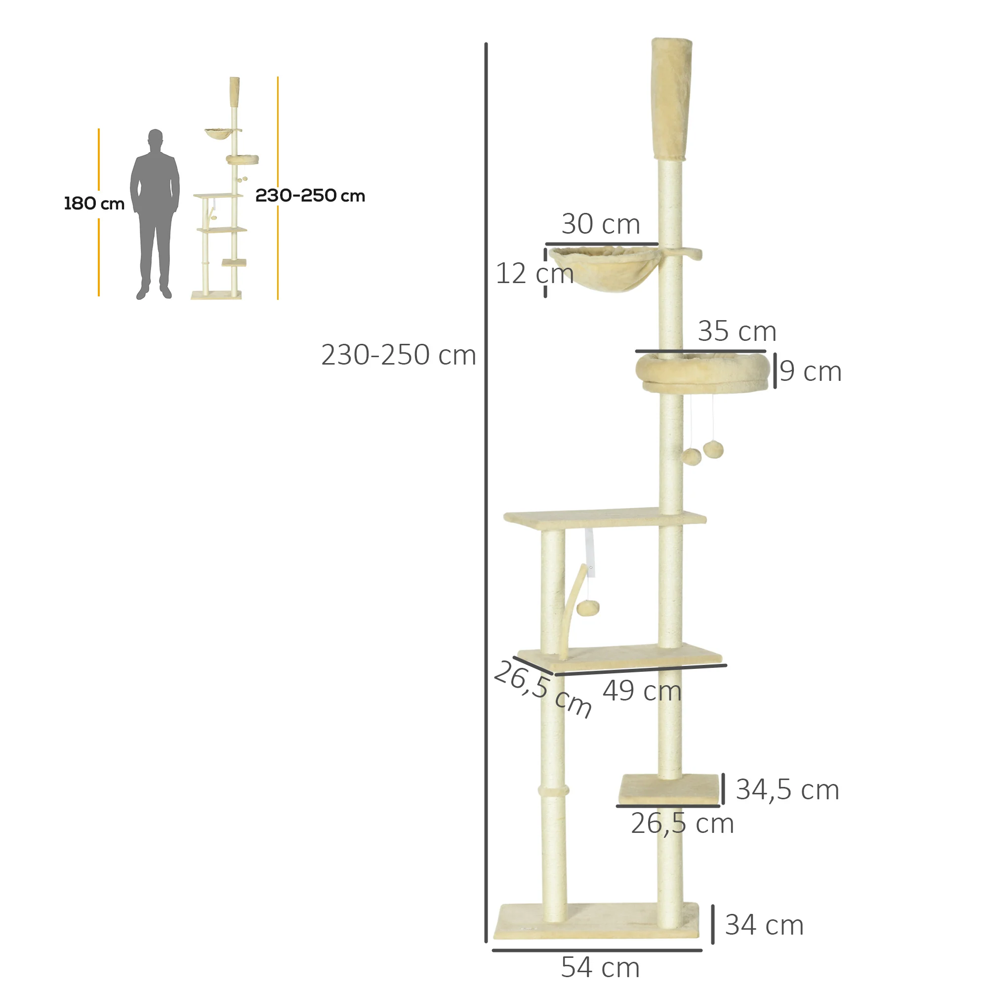Pawhut Árbol Para Gatos De Suelo A Techo De 230-250cm Con Altura Ajustable Beige - Image 3