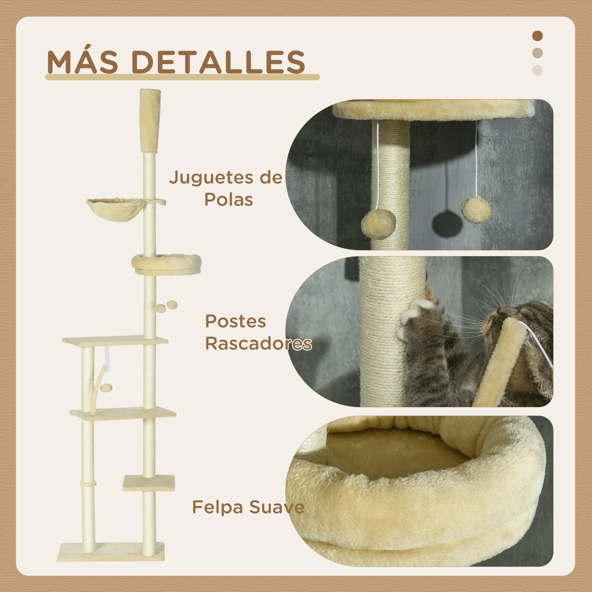 Pawhut Árbol Para Gatos De Suelo A Techo De 230-250cm Con Altura Ajustable Beige - Image 6