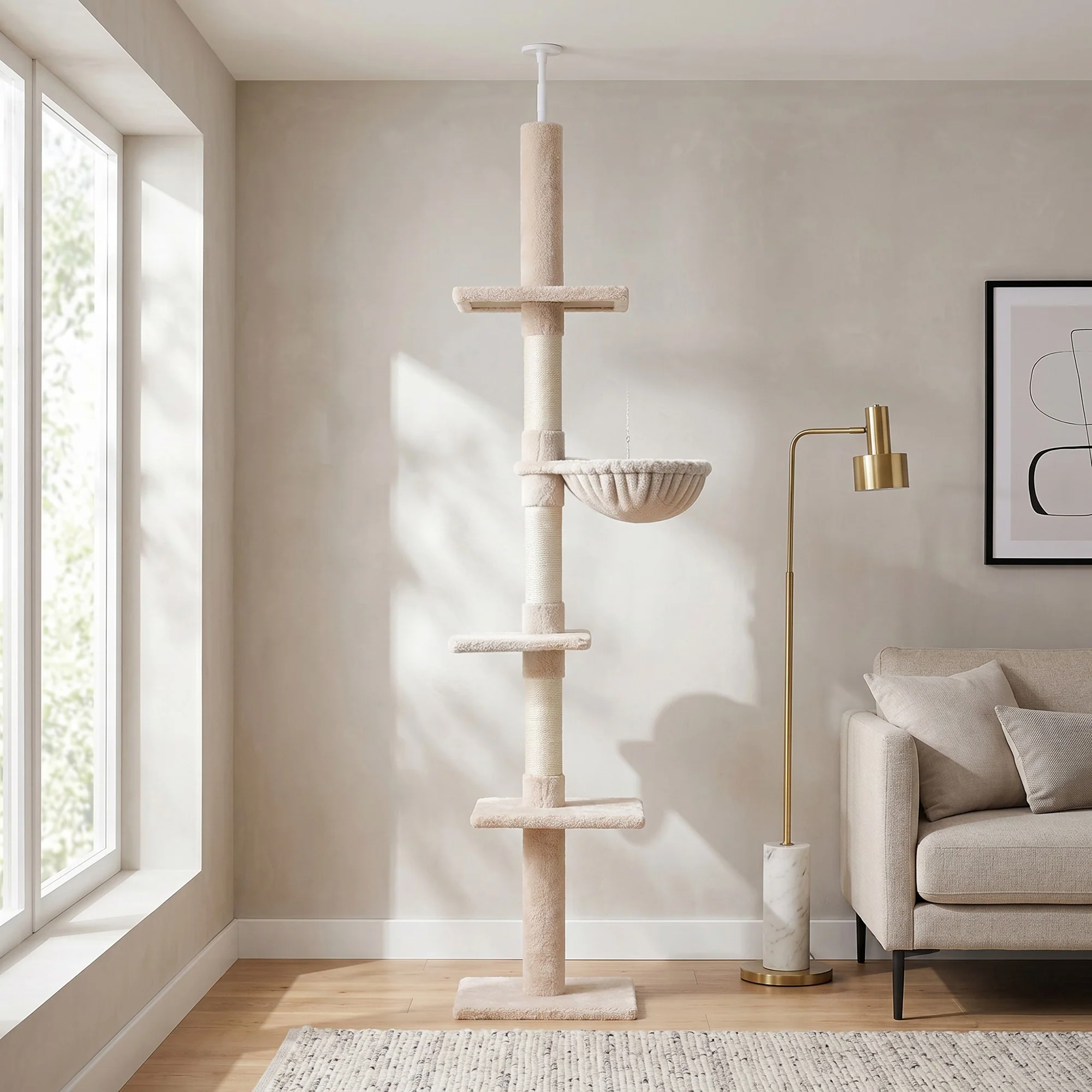 Pawhut Árbol Para Gatos De Suelo A Techo De 230-260 Cm Con Plataformas Beige - Image 2