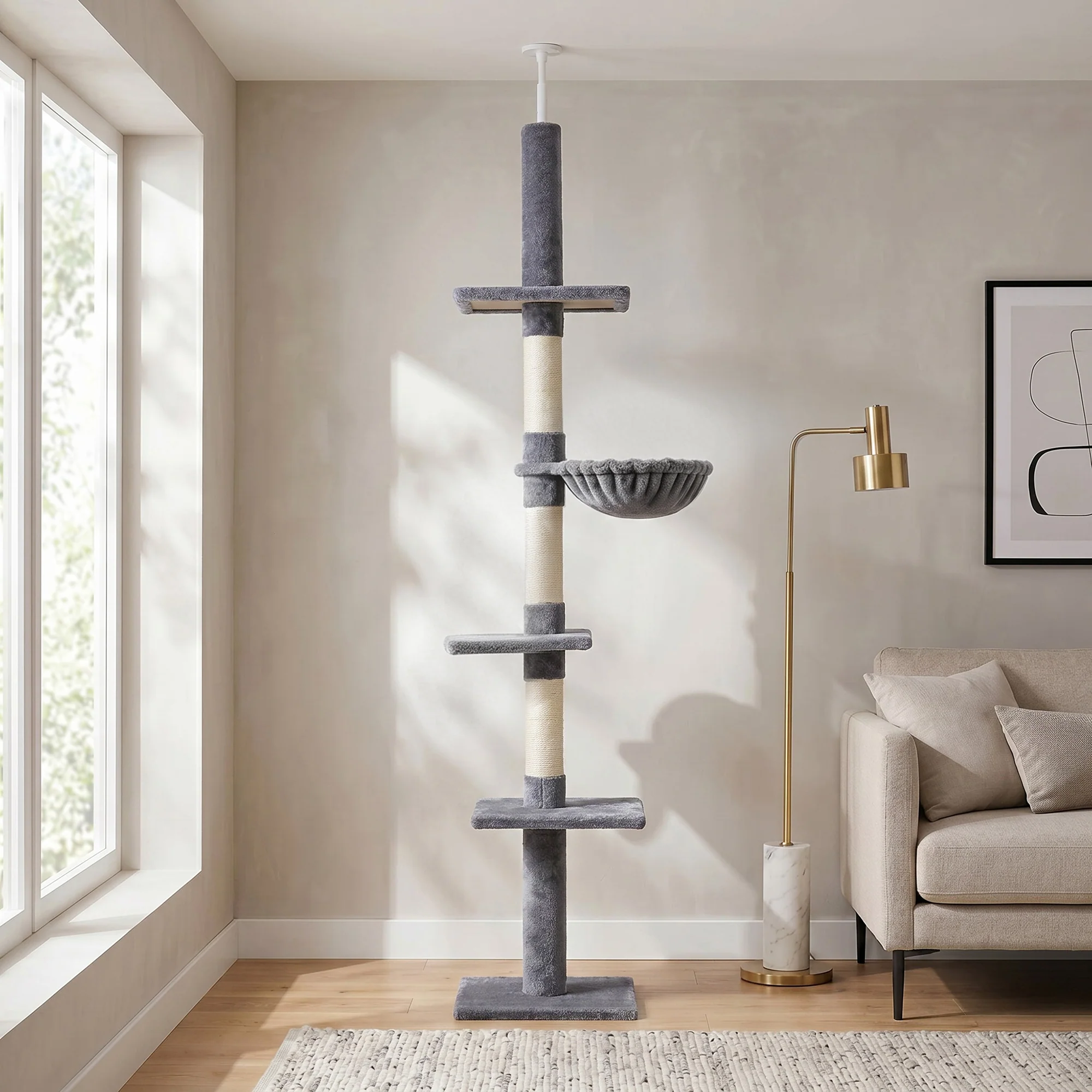 Pawhut Árbol Para Gatos De Suelo Al Techo De 230-260 Cm Con Plataformas Gris - Image 2