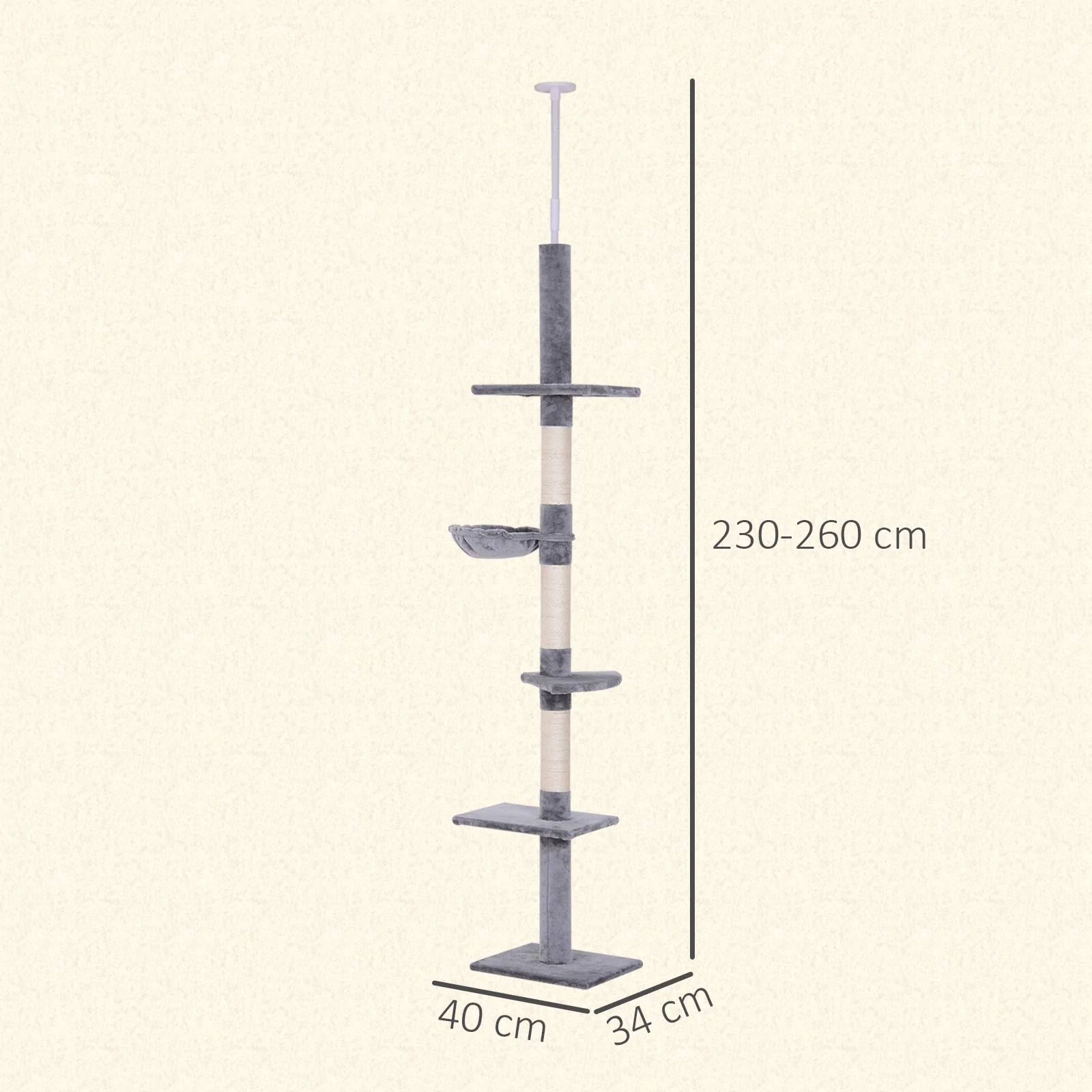 Pawhut Árbol Para Gatos De Suelo Al Techo De 230-260 Cm Con Plataformas Gris - Image 3