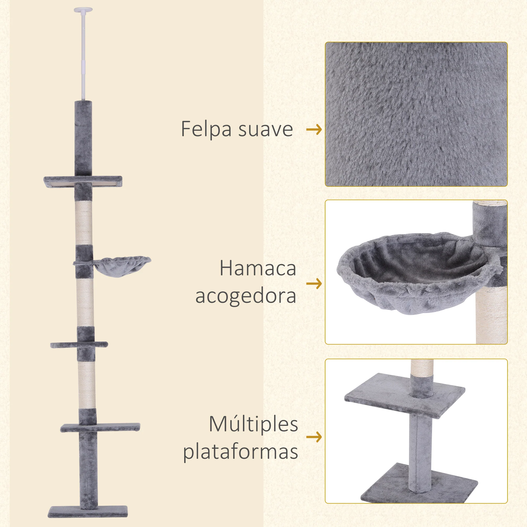 Pawhut Árbol Para Gatos De Suelo Al Techo De 230-260 Cm Con Plataformas Gris - Image 6