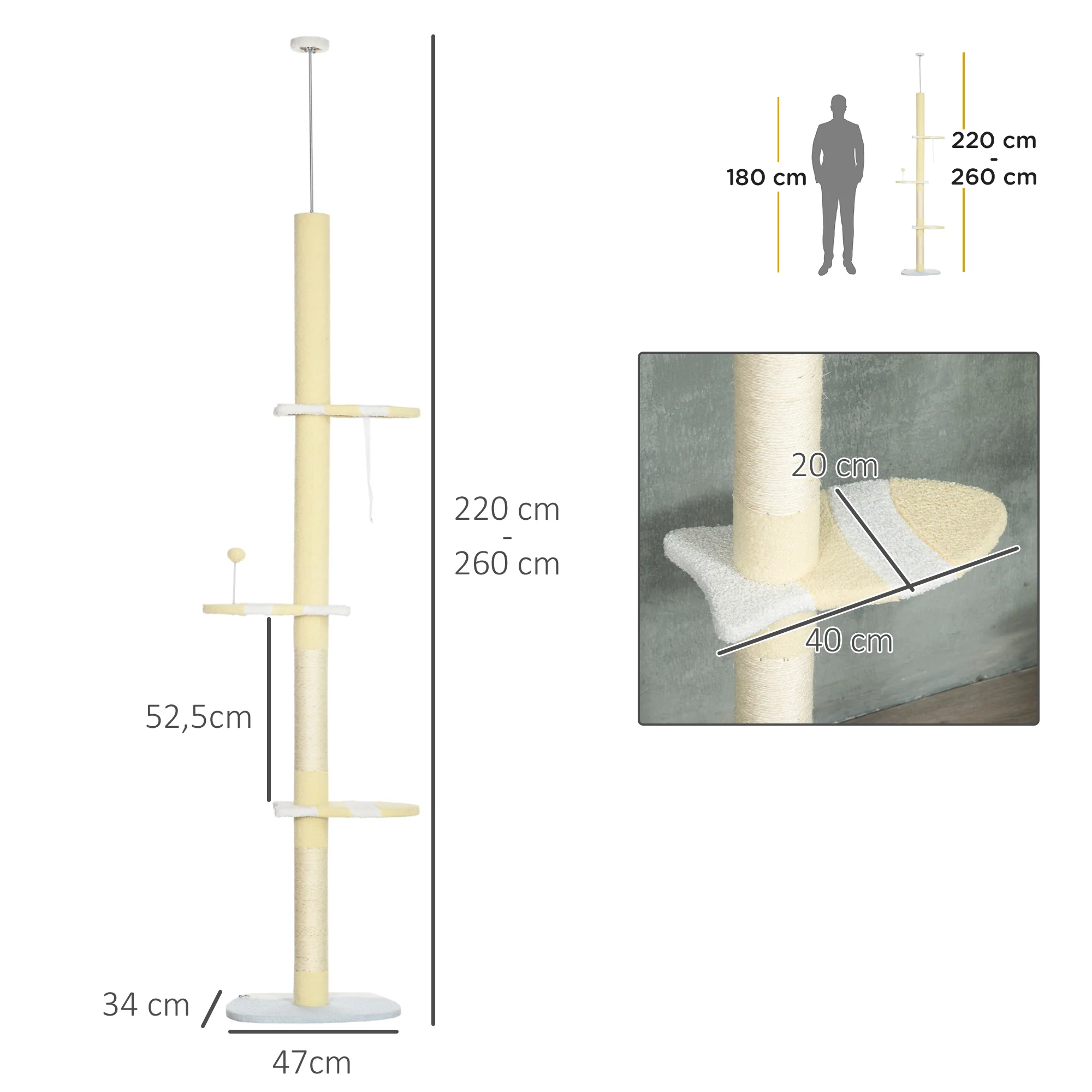 Pawhut Árbol Para Gatos Del Suelo Al Techo 220-260 Cm Con 3 Plataformas Y Bola - Image 3
