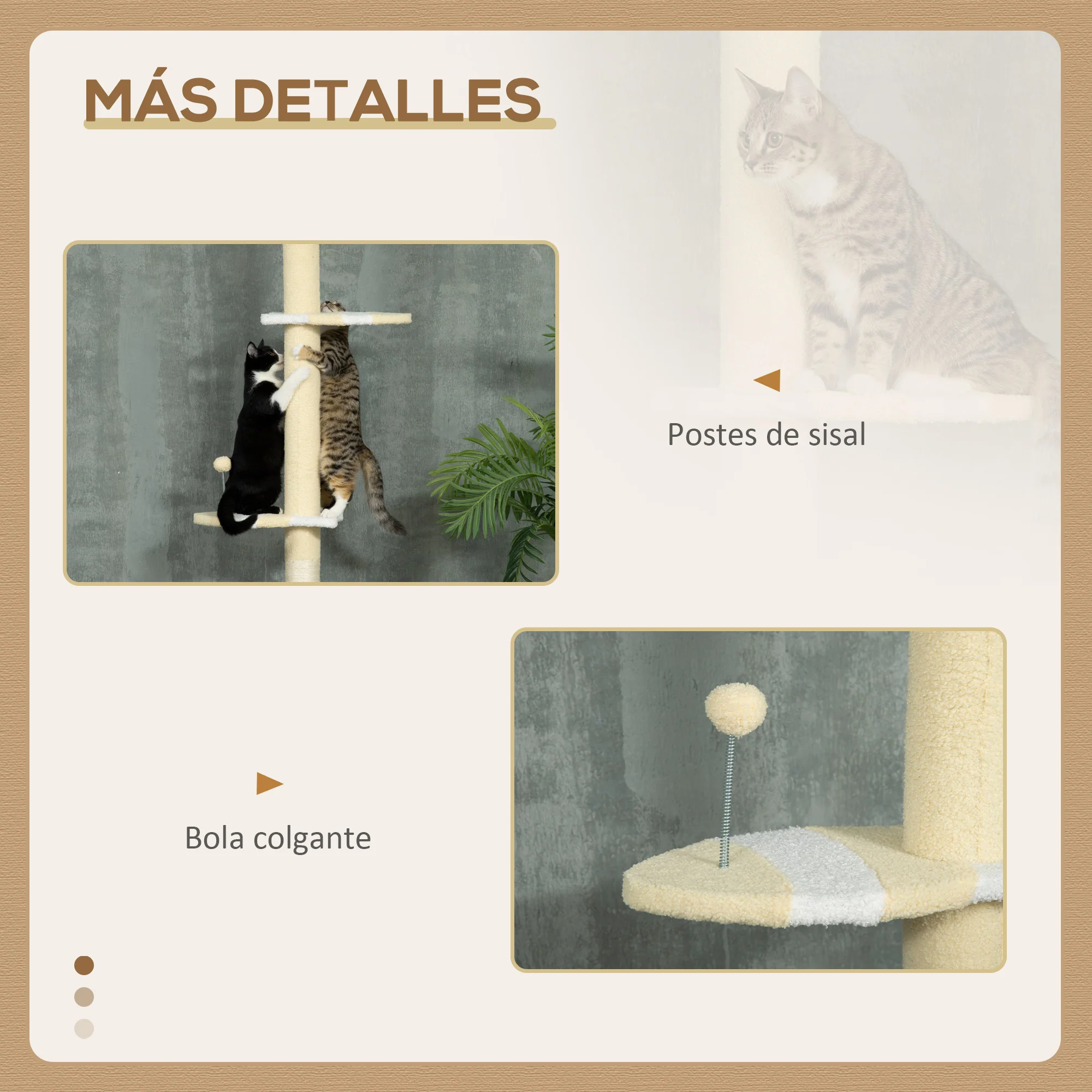 Pawhut Árbol Para Gatos Del Suelo Al Techo 220-260 Cm Con 3 Plataformas Y Bola - Image 6