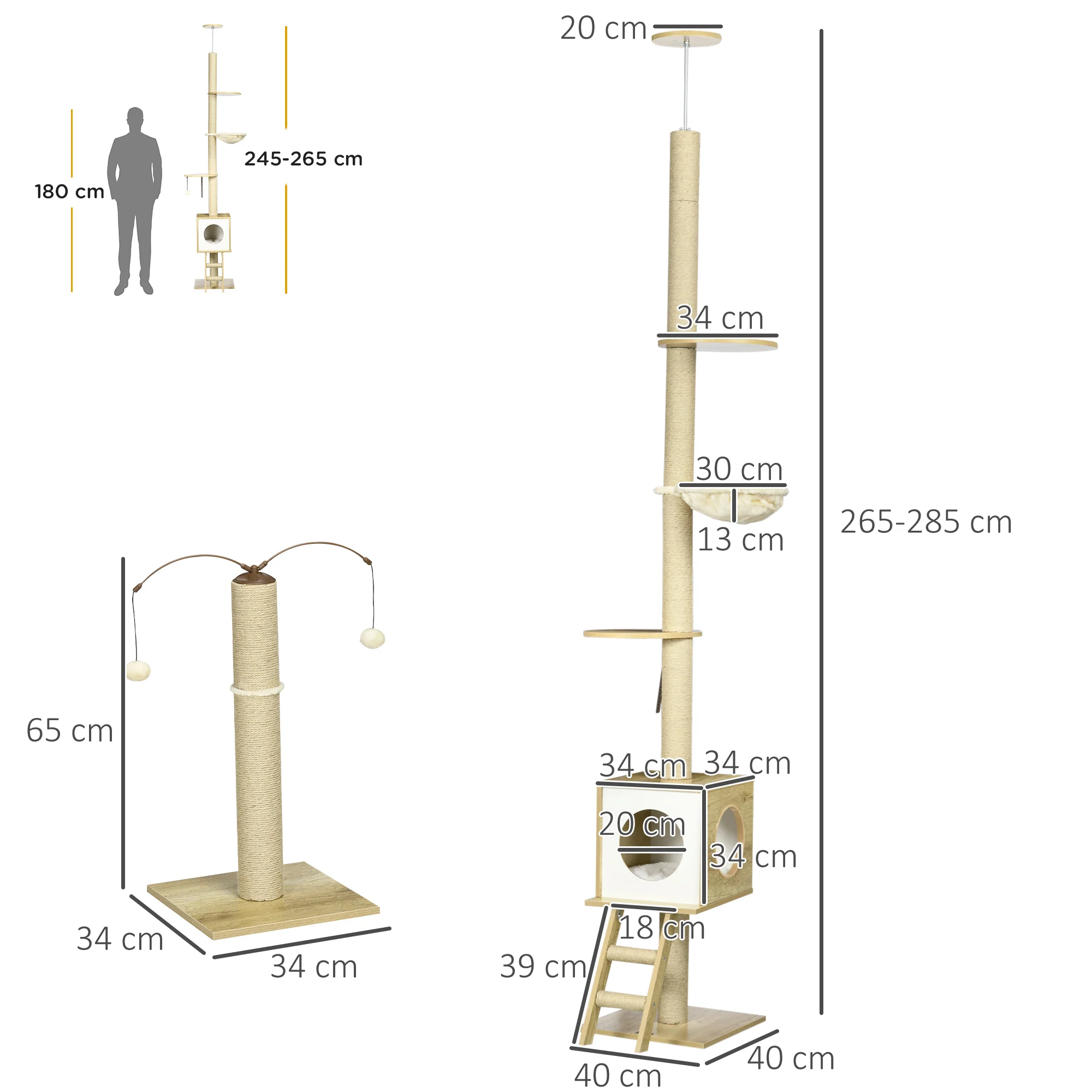 Pawhut Árbol Para Gatos Del Suelo Al Techo 220-260cm Con Altura Ajustable Caseta - Image 3