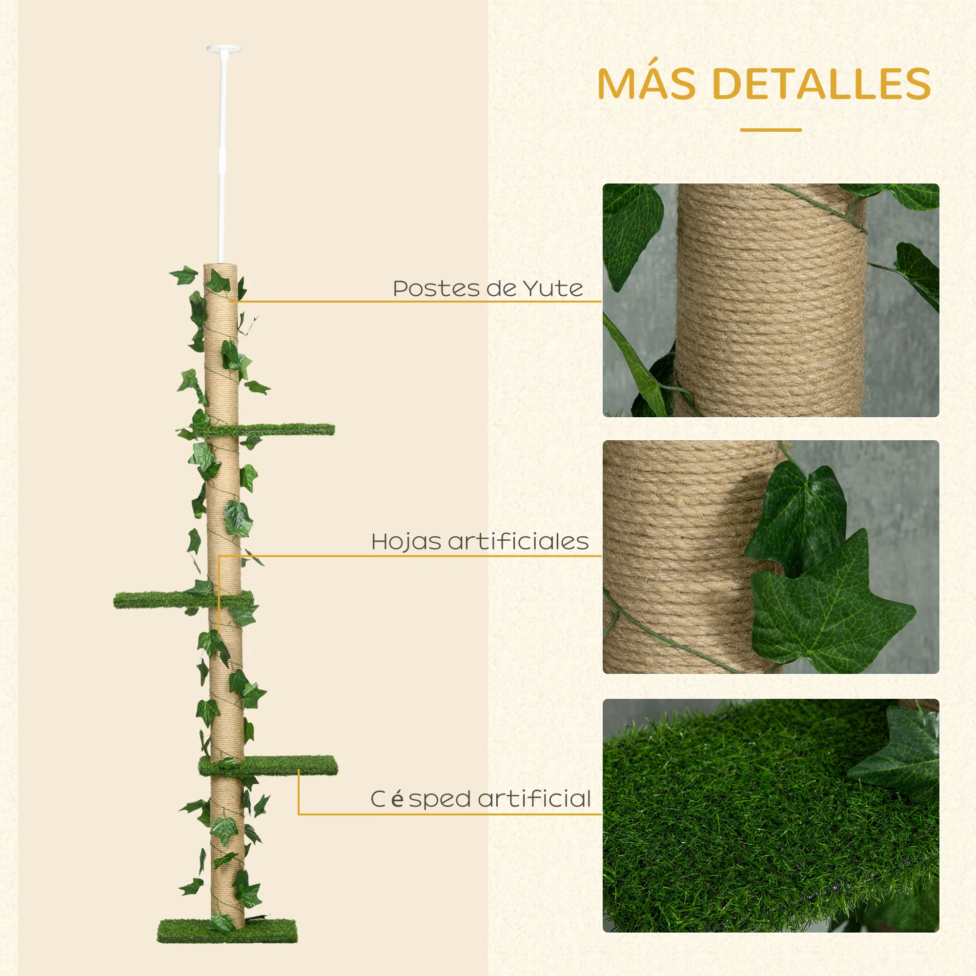 Pawhut Árbol Para Gatos Del Suelo Al Techo 37x21x202-242 Cm Con Altura Ajustable - Image 6