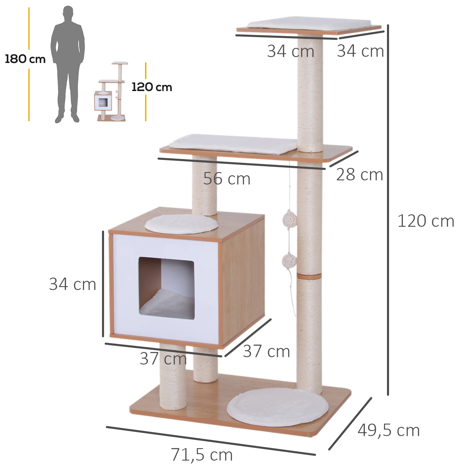 Pawhut Árbol Rascador Gatos De Madera 71,5x49,5x120 Cm Con Cueva Postes De Sisal - Image 3