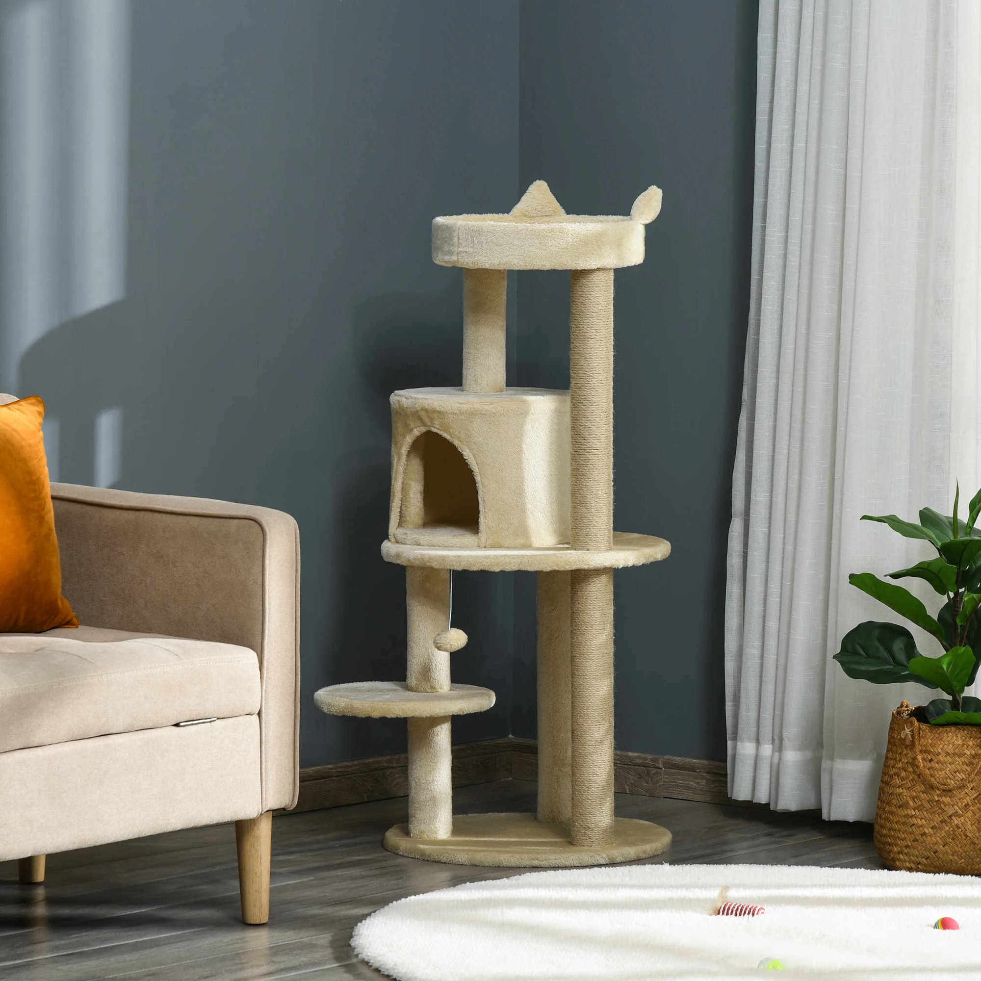 Pawhut Árbol Rascador Para Gatos 104 Cm Con Plataformas Refugio Postes De Sisal - Image 2