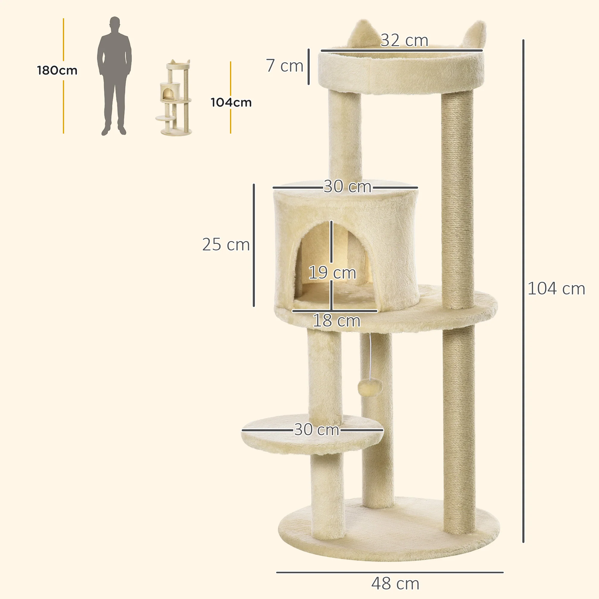Pawhut Árbol Rascador Para Gatos 104 Cm Con Plataformas Refugio Postes De Sisal - Image 3