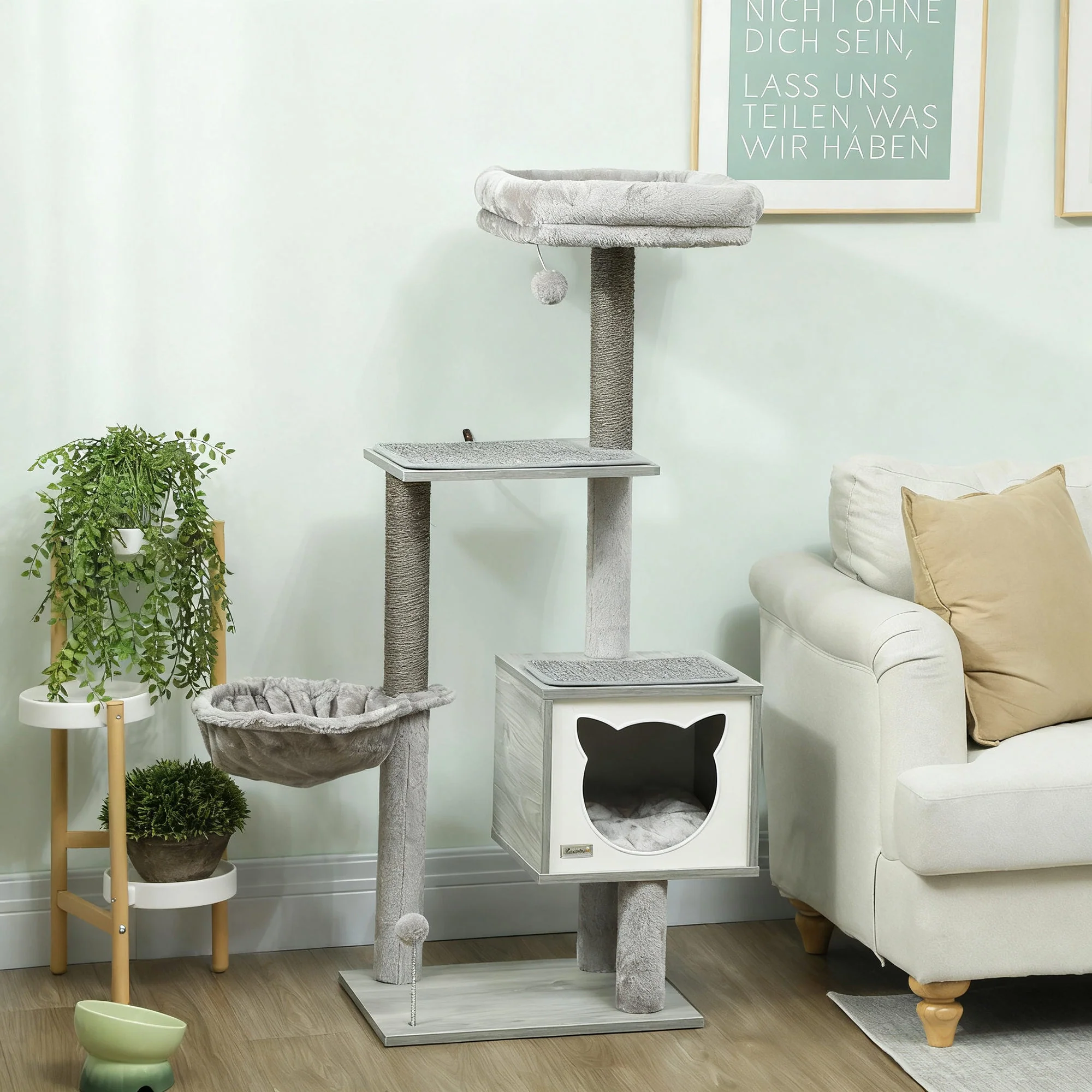 Pawhut Árbol Rascador Para Gatos 126 Cm Con Plataforma Hamaca Caseta Gris - Image 2