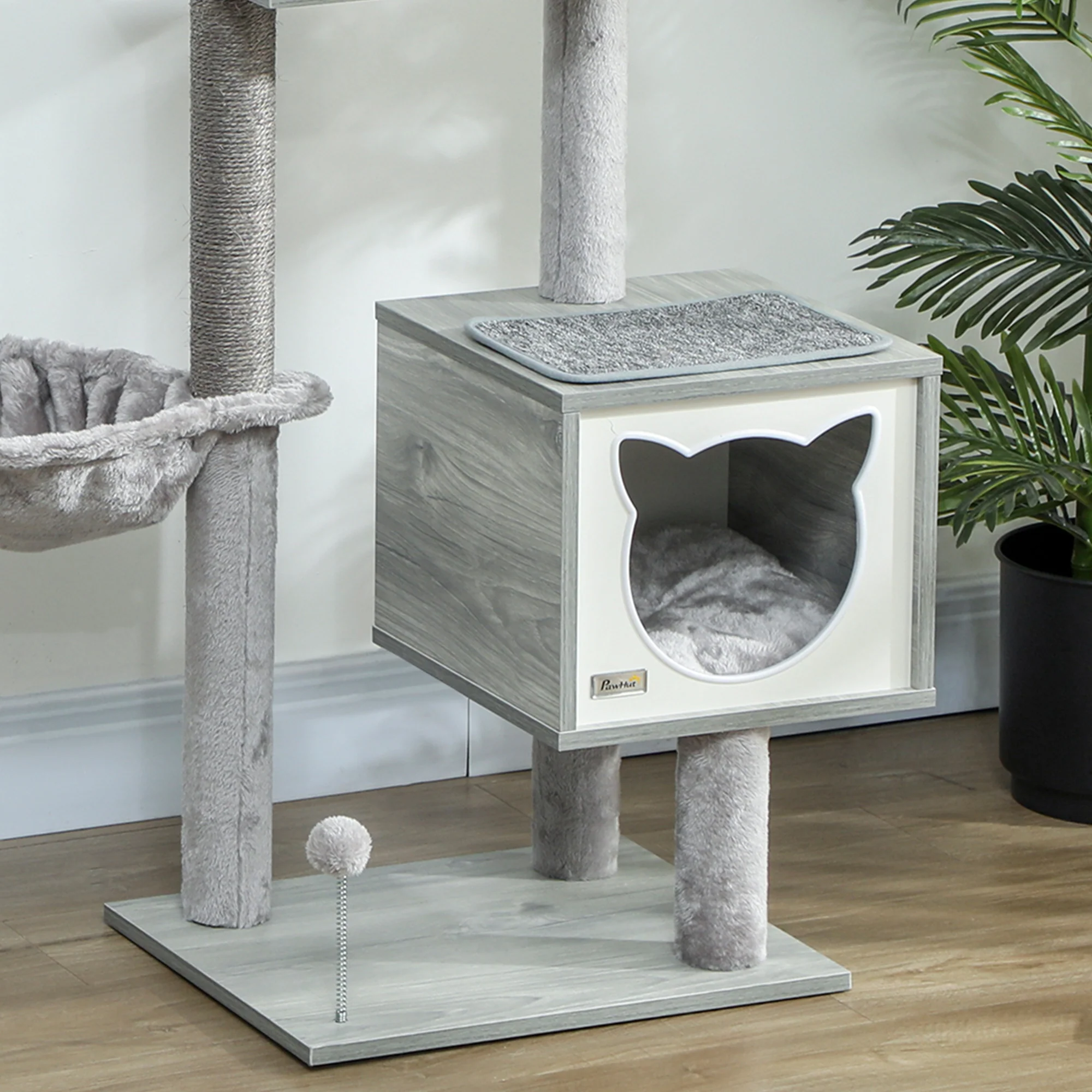 Pawhut Árbol Rascador Para Gatos 126 Cm Con Plataforma Hamaca Caseta Gris - Image 4