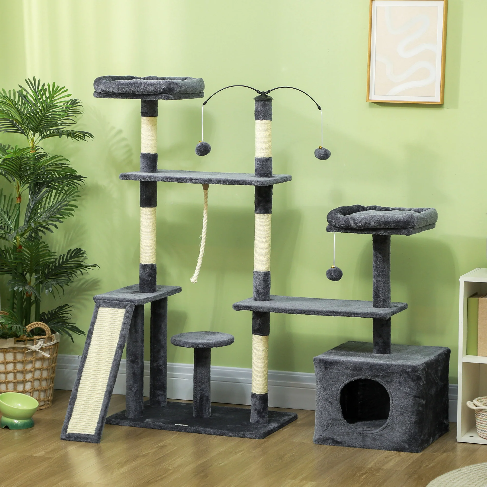 Pawhut Árbol Rascador Para Gatos 134 Cm Con Nidos Plataformas Gris Oscuro - Image 2