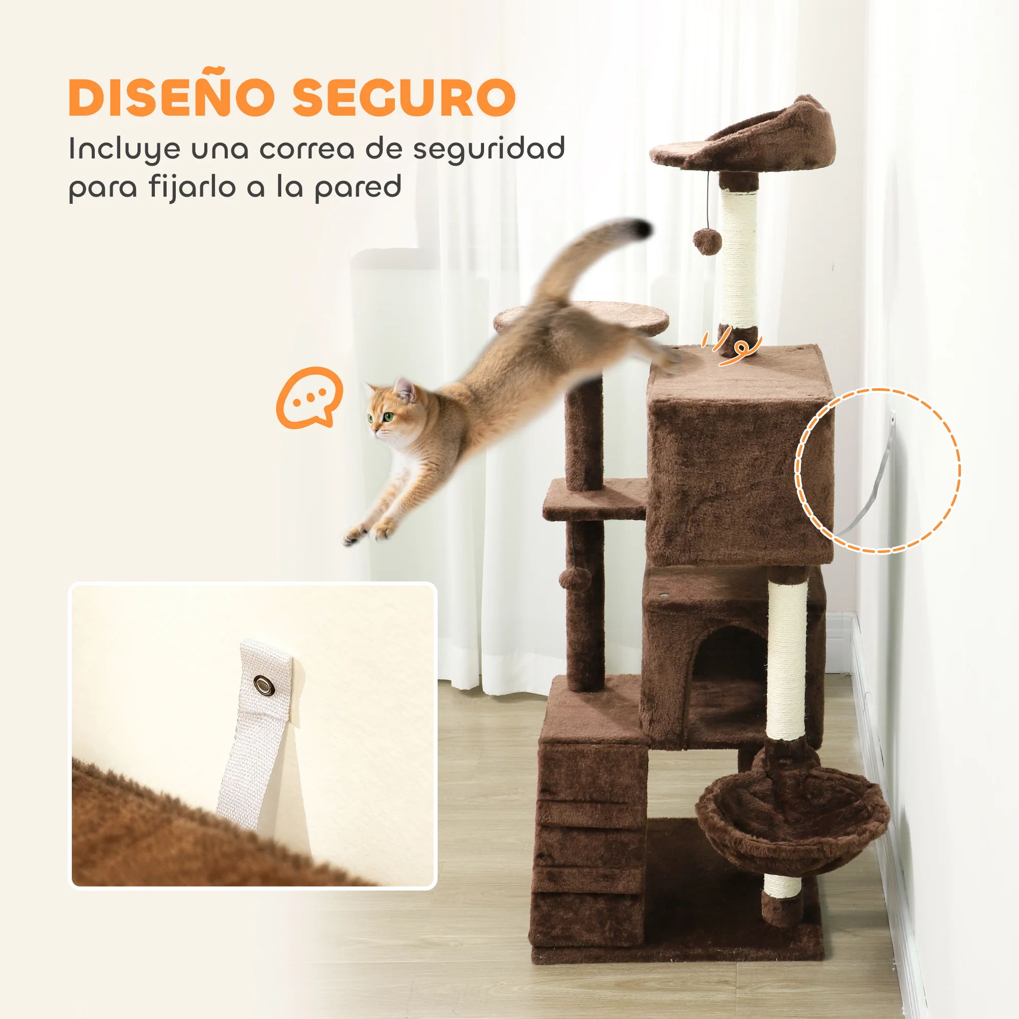 Pawhut Árbol Rascador Para Gatos 140 Cm Con Múltiples Plataformas Marrón - Image 6