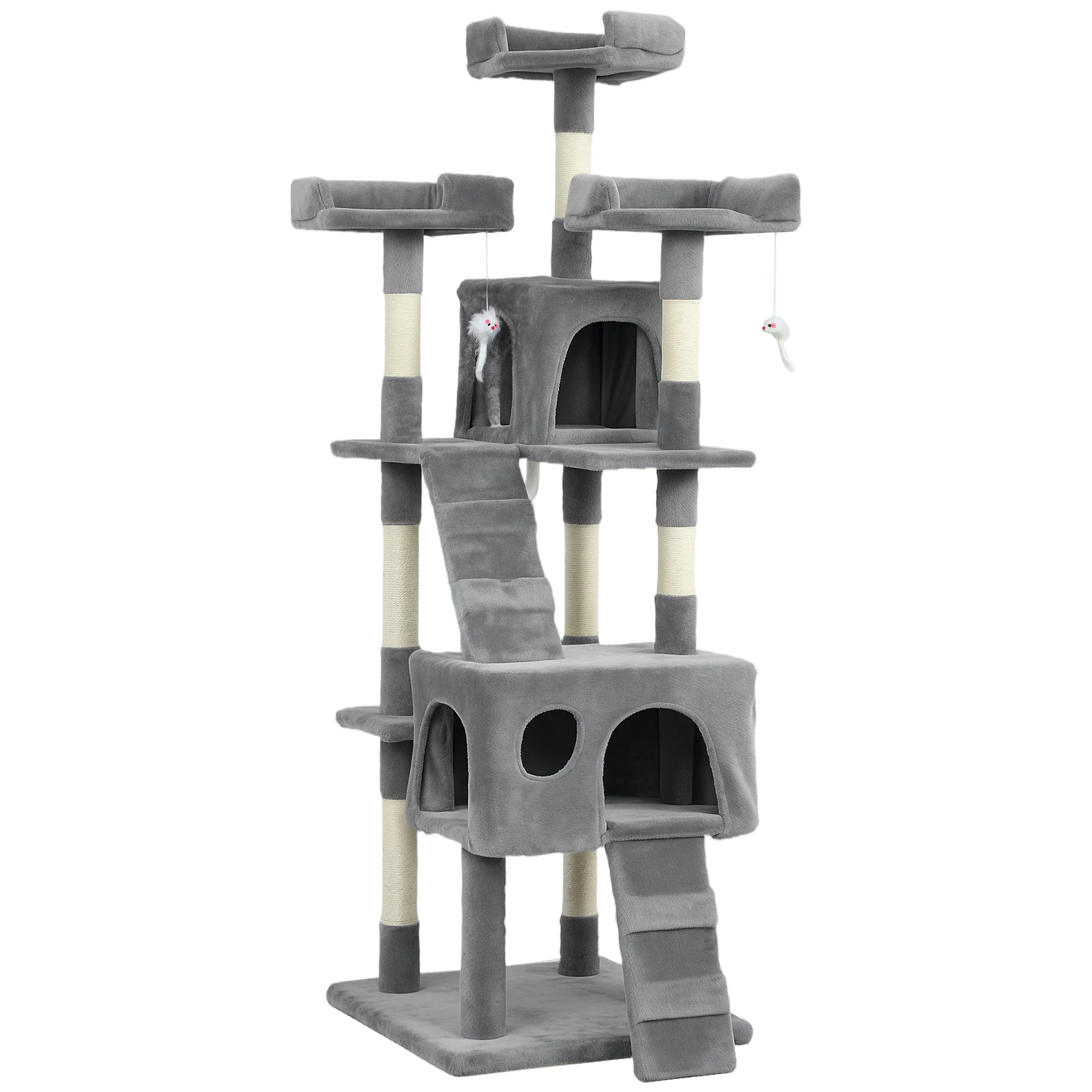 Pawhut Árbol Rascador Para Gatos 153 Cm Con 2 Cuevas 3 Camas 2 Rampas Gris