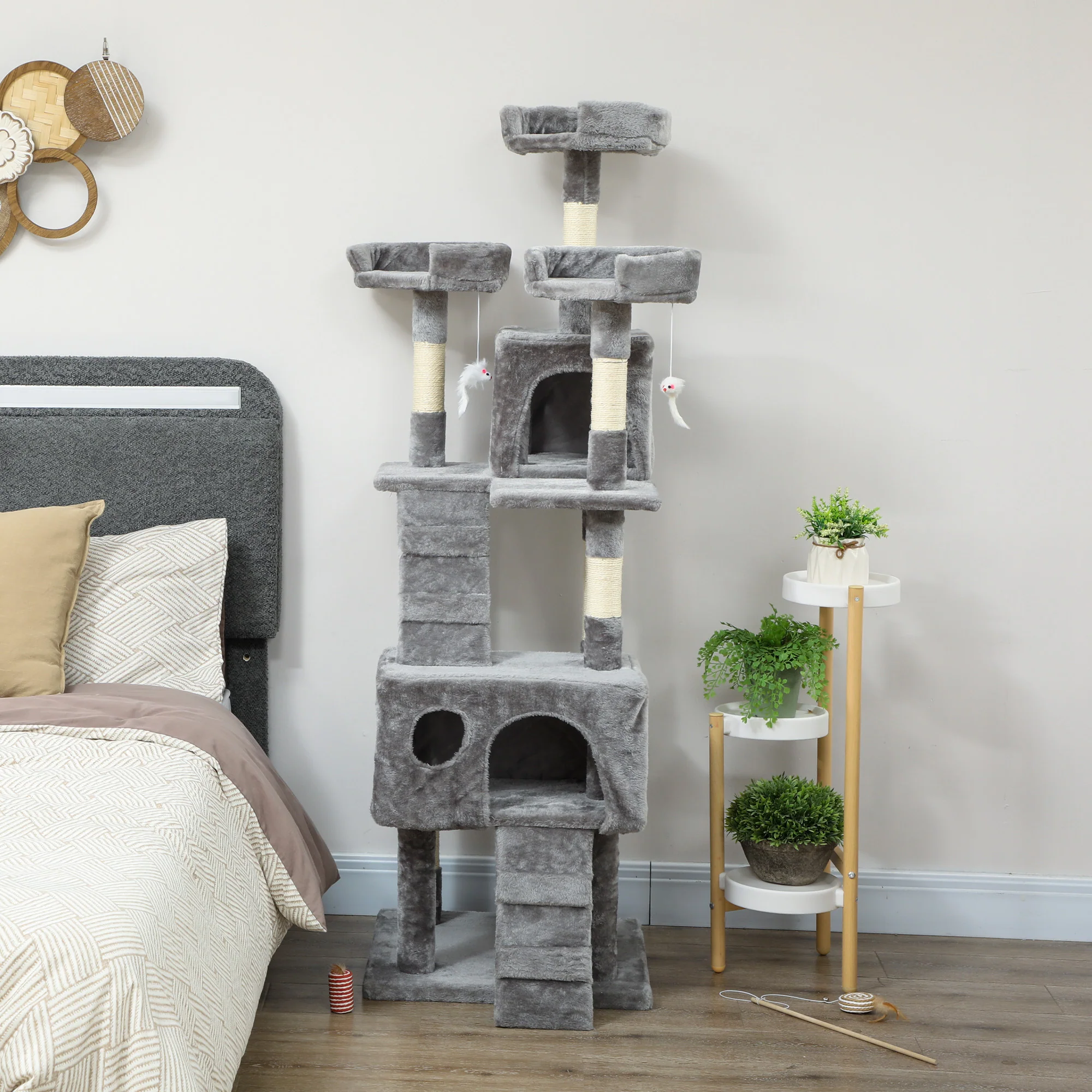 Pawhut Árbol Rascador Para Gatos 153 Cm Con 2 Cuevas 3 Camas 2 Rampas Gris - Image 5