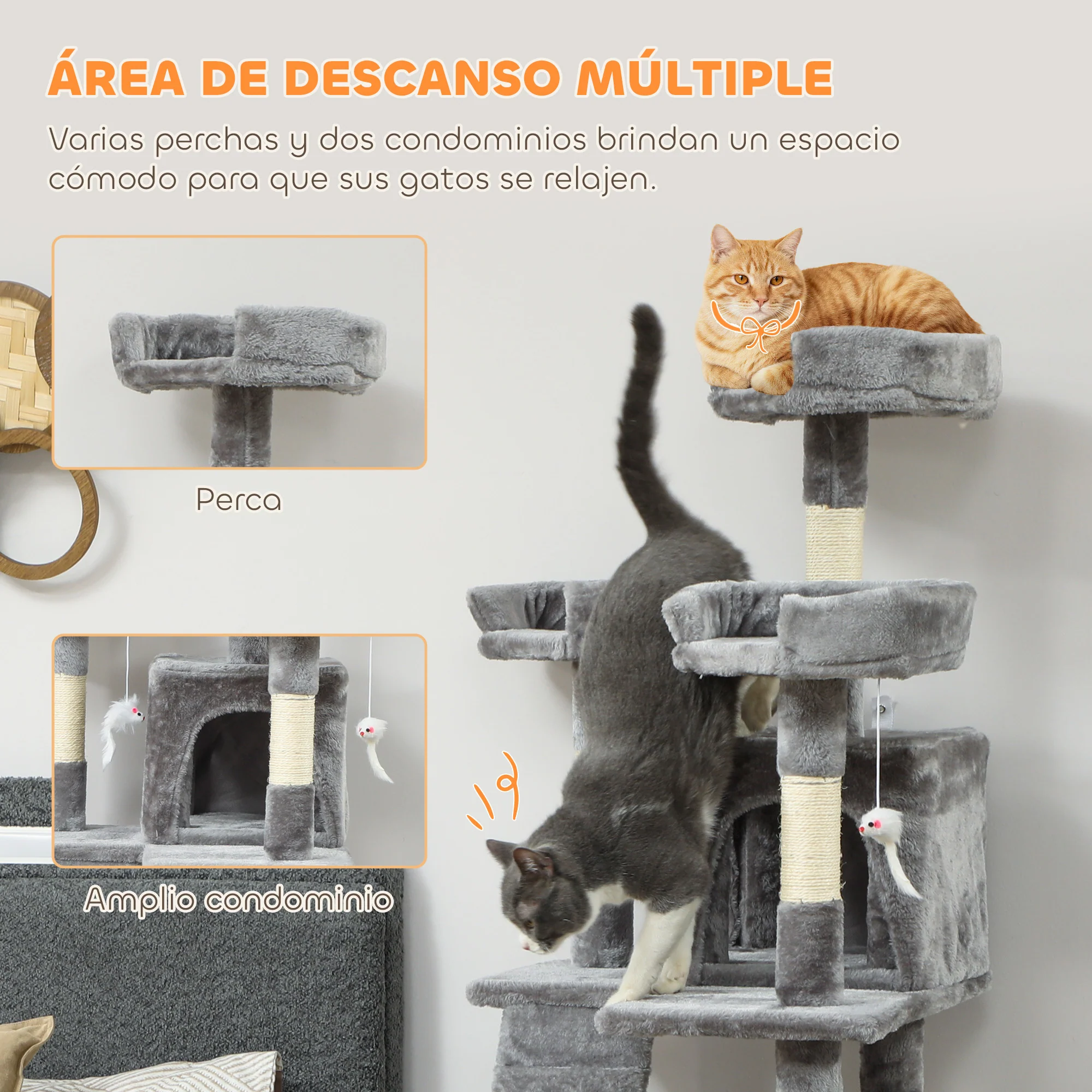 Pawhut Árbol Rascador Para Gatos 153 Cm Con 2 Cuevas 3 Camas 2 Rampas Gris - Image 6