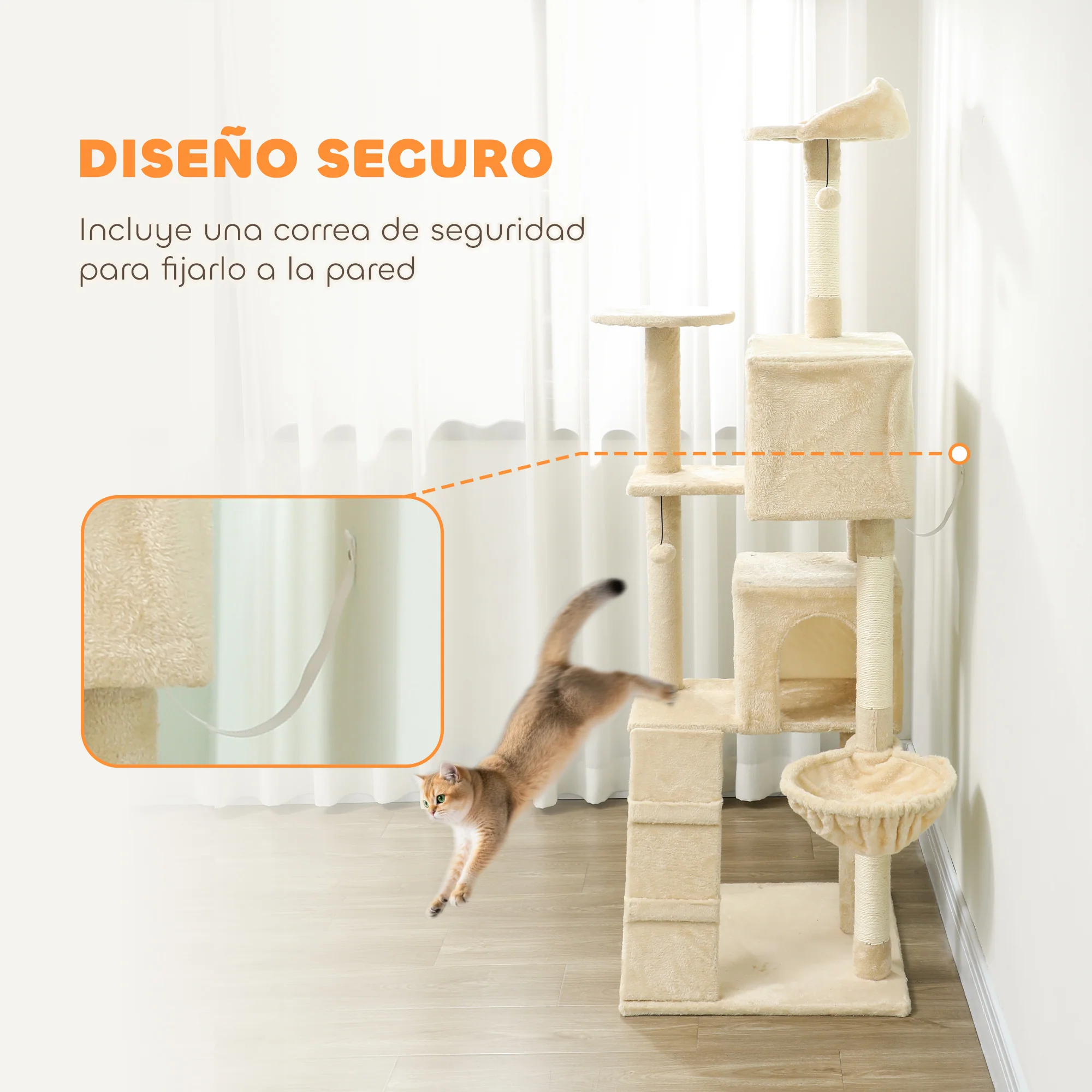 Pawhut Árbol Rascador Para Gatos 180 Cm Con Múltiples Plataformas Beige - Image 6