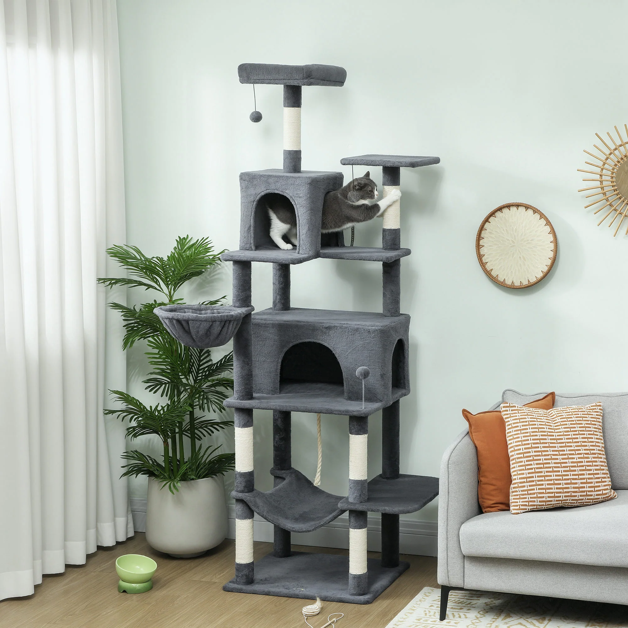Pawhut Árbol Rascador Para Gatos 202 Cm Con Plataformas 2 Camas 2 Cuevas Gris - Image 2
